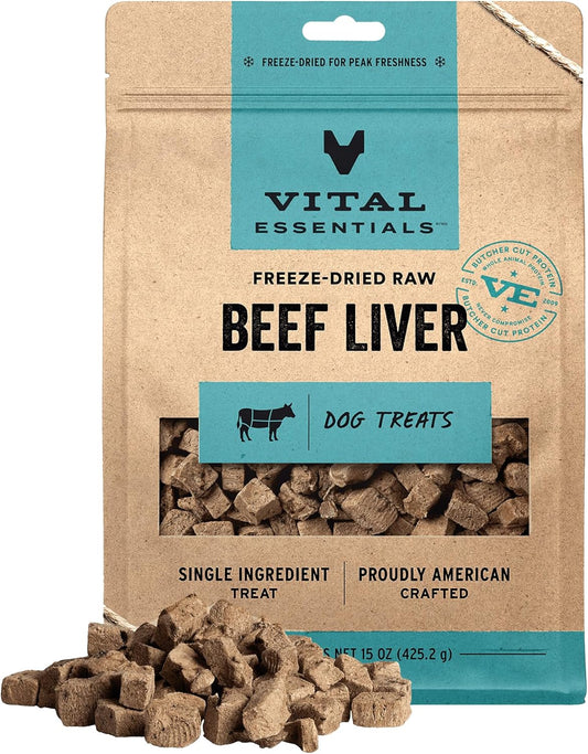 Vital Essentials Beef Liver Dog Treats, 15 oz | Freeze-Dried Raw | Single Ingredient | Premium Quality High Protein Training Treats | Grain Free, Gluten Free, Filler Free