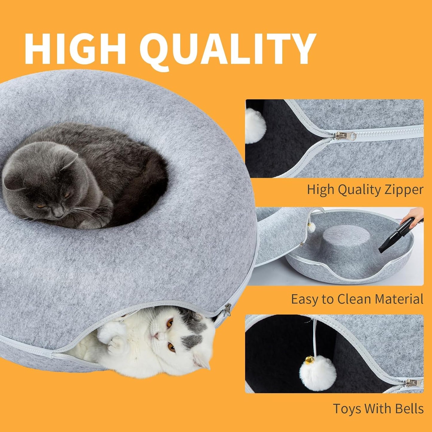 Jia Xi Cat Tunnel and Bed Combo - Donut Cat Condo & Cave, Universal for All Seasons (24 in * 24 in * 11 in), Light Grey