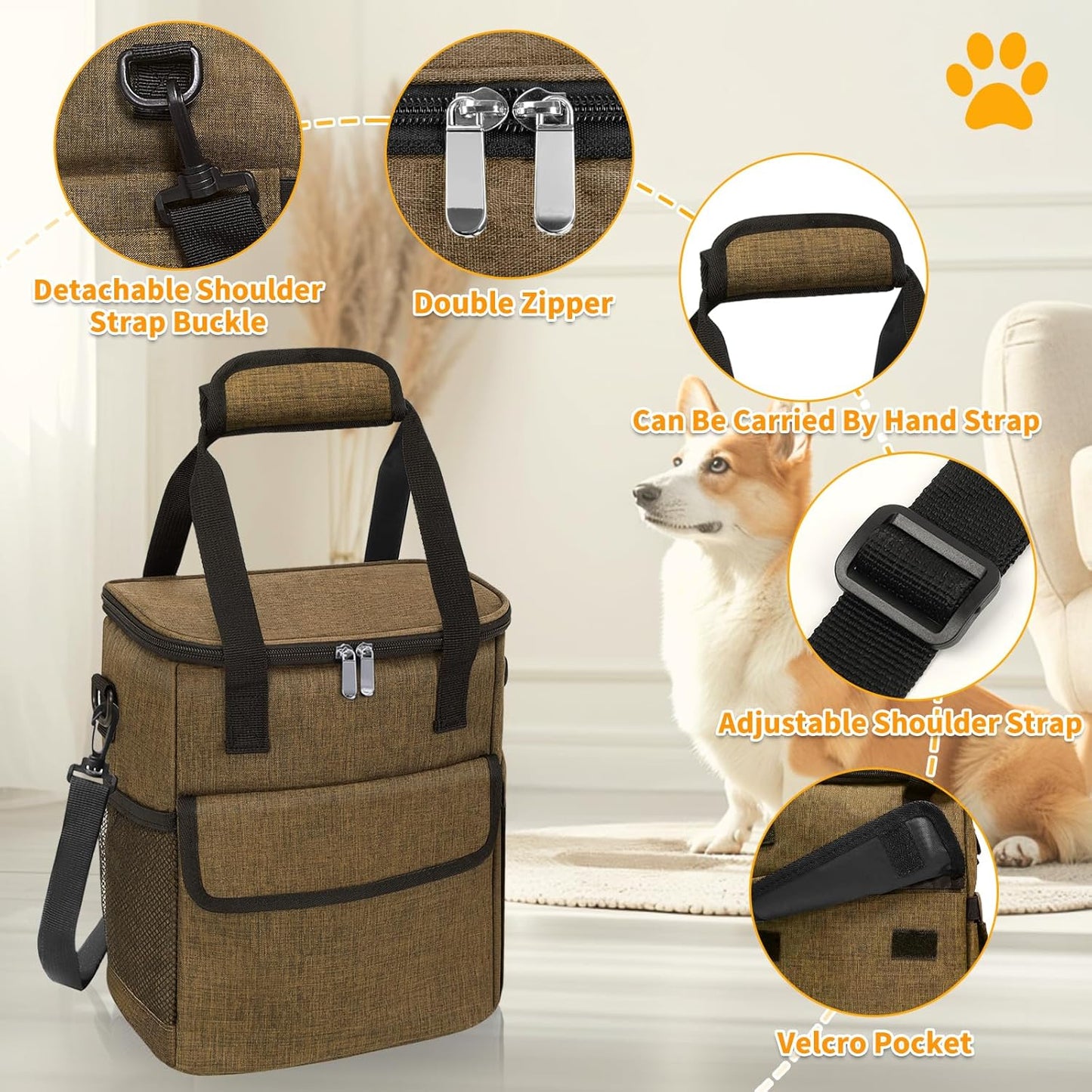 Dog Travel Bag for Camping - Pet Travel Accessories with 2 Collapsible Bowls, 2 Food Containers & Waterproof Feeding Mat - Portable Dog Carrier, Coffee (Small)