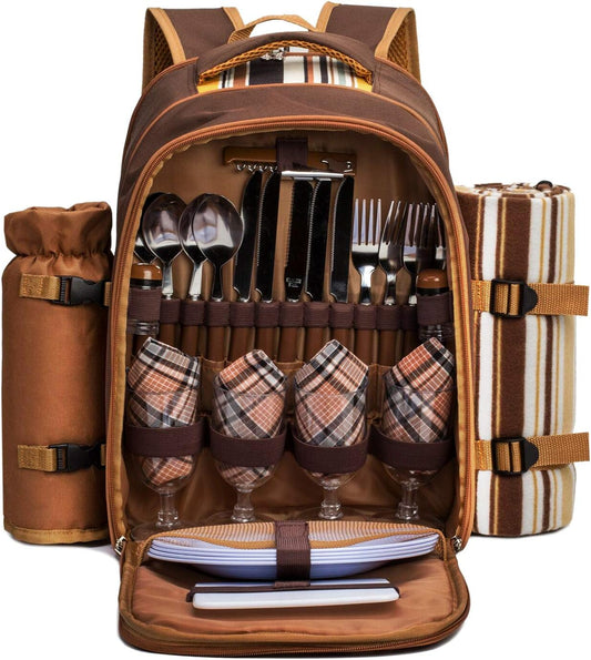 Apollo Walker Picnic Backpack Bag for 4 Person with Cooler Compartment,Wine Bag, Picnic Blanket(45"x53"),Best for Family and Lovers Gifts (Brown)
