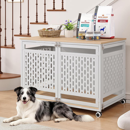 40.1" Dog Crate Furniture for Medium/Large Breed, Dog Kennel Furniture with Wheels, Heavy Duty Wooden End Side Table Pet Cage Indoor, Chew-Resistant, White