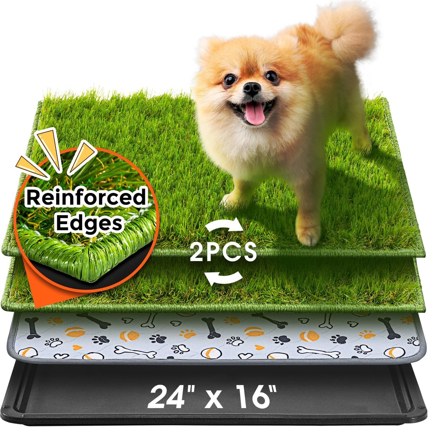 Hompet Dog Grass Pad with Tray Large, 24"x16", 2 Reusable Artificial Turf for Dogs Potty, Waterproof Non-Slip Washable Pee Pads, Quickly Absorbency Portable Dog Litter Box for Indoor/Outdoor Use