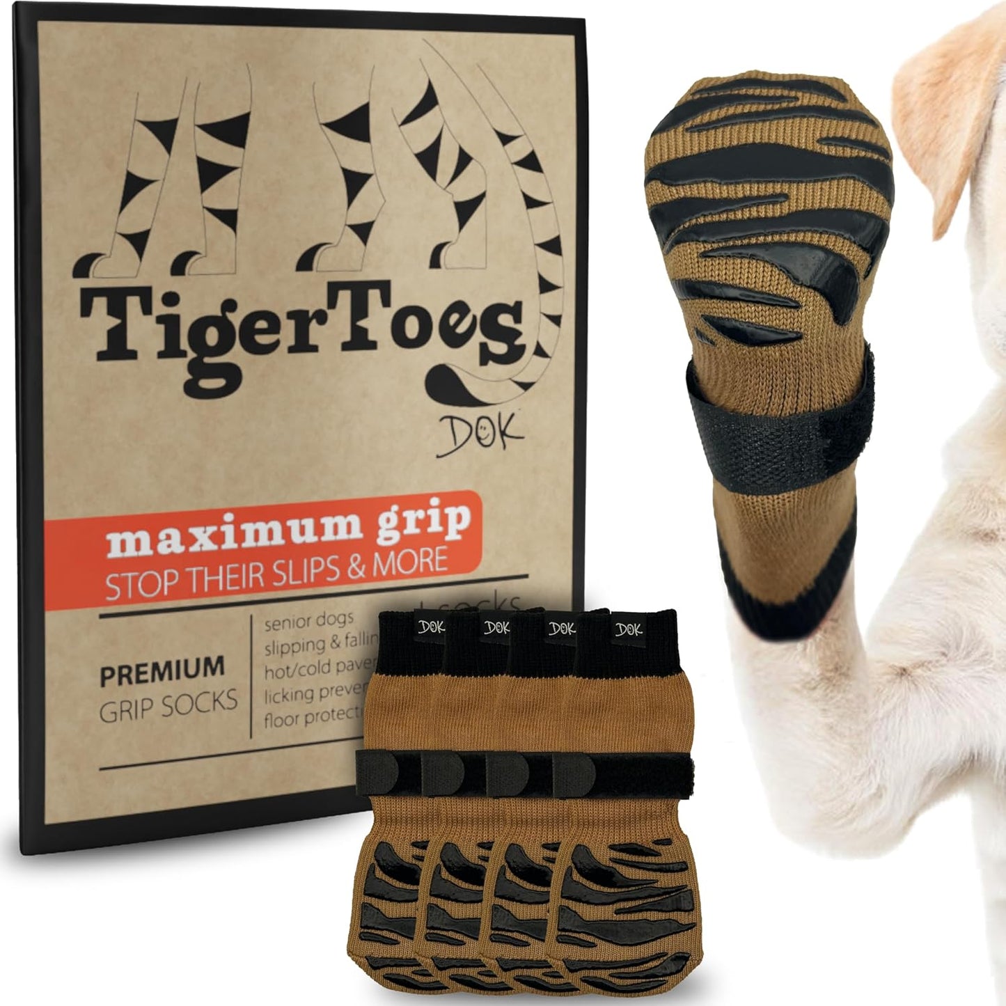 DOK TigerToes Premium Non-Slip Dog Socks for Hardwood Floors - Extra-Thick Grip That Works Even When Twisted - Prevents Licking, Slipping, and Great for Dog Paw Protection (Cool Caramel, X-Large)