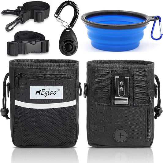 Dog Treat Pouch with Drawstring Closure, Puppy Training Bag, Built-in Pet Poop Bag Dispenser, Waist Belt Clip, 3 Ways to Wear