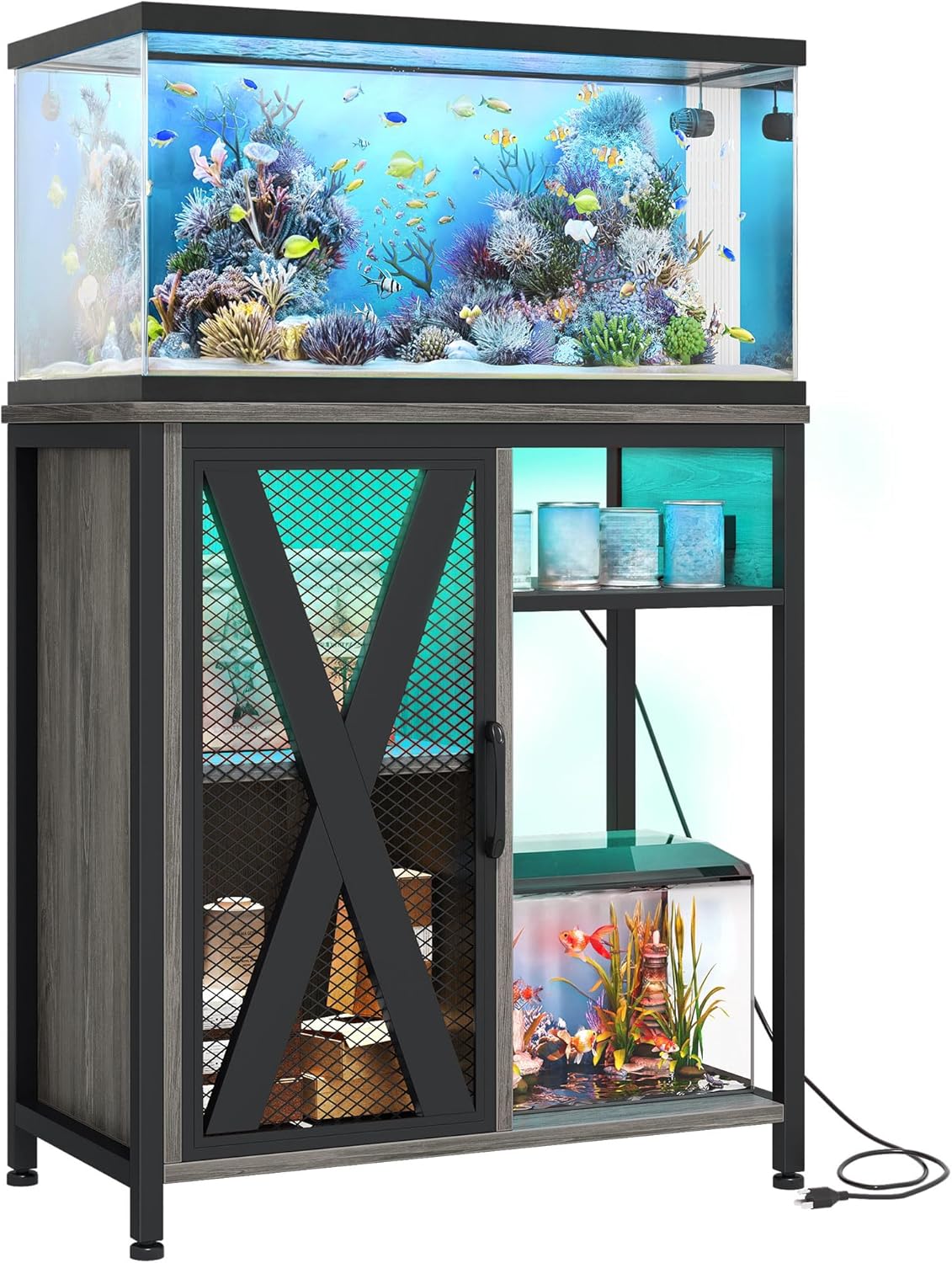 YITAHOME Fish Tank Stand with Power Outlets & LED Light, 20-29 Gallon Metal Aquarium Stand with Cabinet for Fish Tank Accessories Storage for Turtle Tank, Reptile Terrarium, 350LBS Capacity, Grey