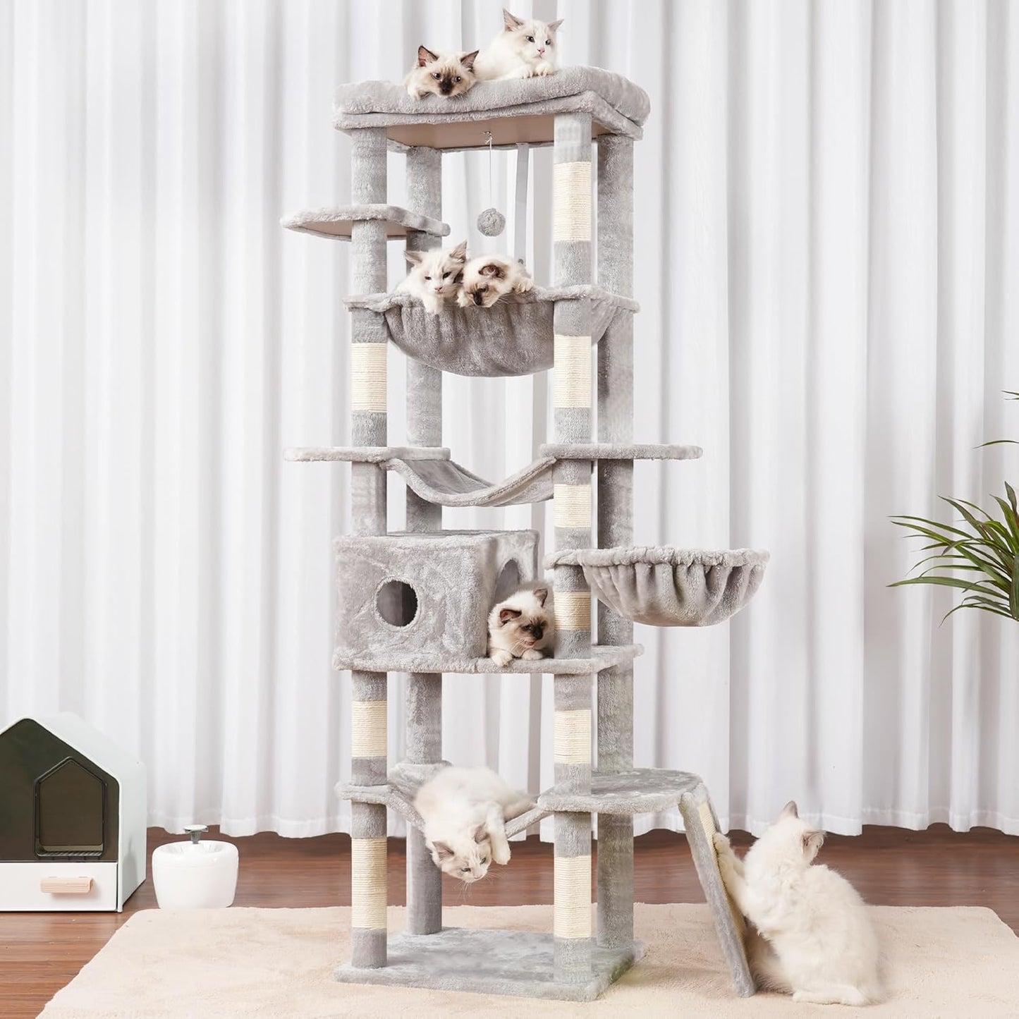 Hey-brother Cat Tree, 69.3-Inches Multi-Level Plush Cat Tower for Indoor Cats with Large Top Perch, Extra Spacious Hammock, 2 Hammocks Ramp, Hanging Ball, Light Gray MPJ037W