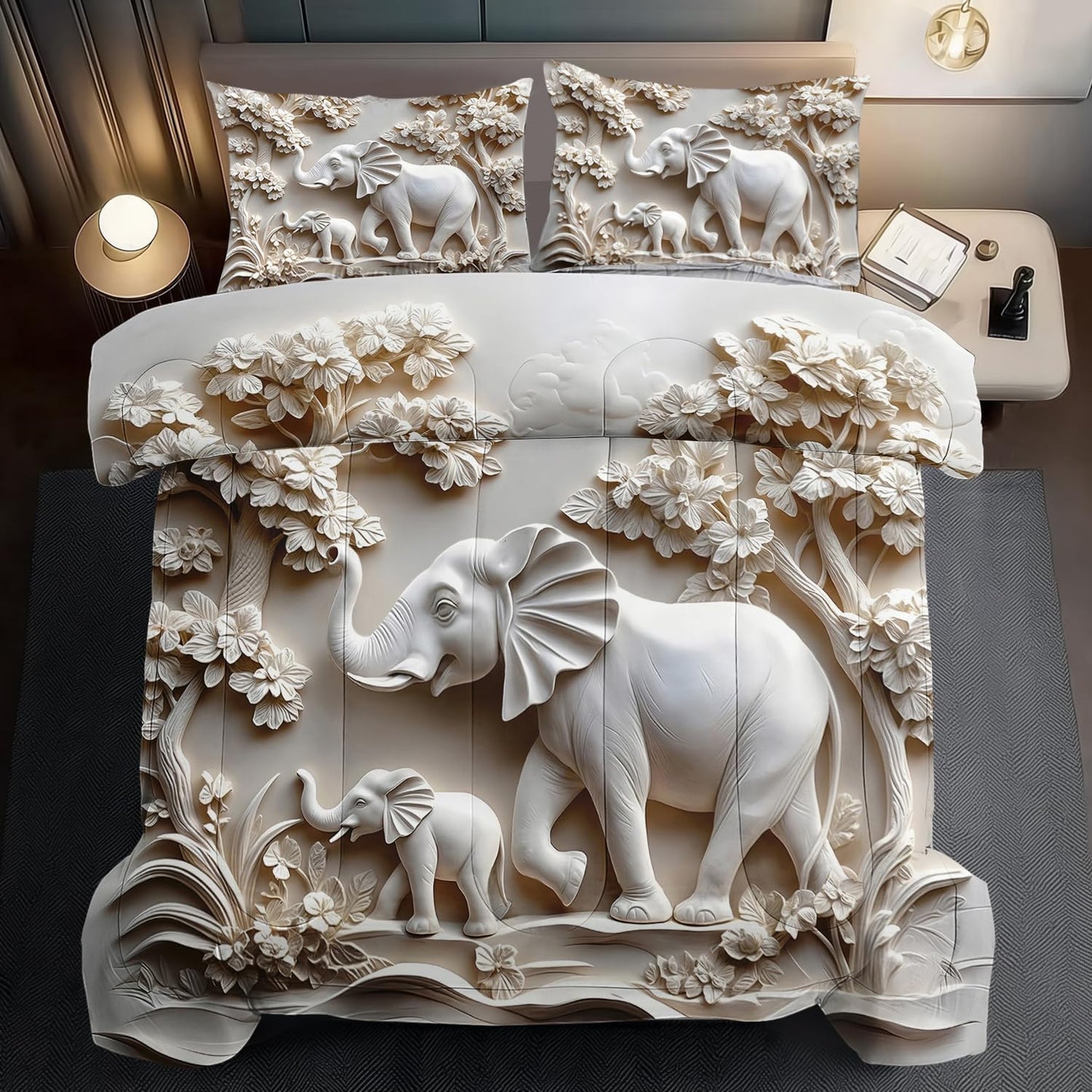 Elephant Comforter Set Twin Adult, White Animal Bedding Set Twin for Man, Cute Animal Comforter for Kids,Elephant Quilt Pattern White Bedroom Decor Womens, Relief Bedding