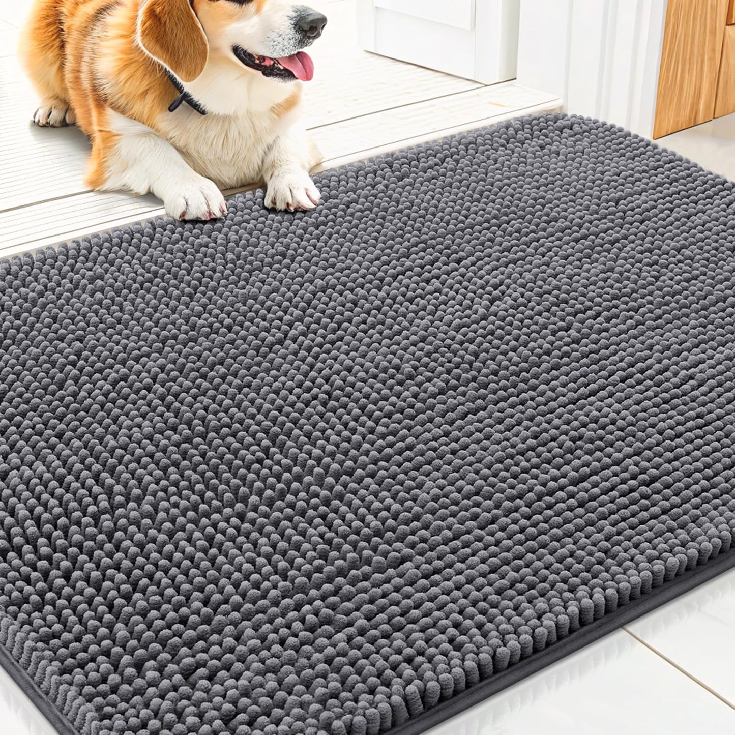 Smiry Dog Door Mat for Muddy Paws 30x20, Absorbs Moisture and Dirt Doormat, Non-Slip Washable Quick Dry Chenille Front Door Mat Indoor Entrance, Entryway Carpet for Inside Floor, Dark Grey