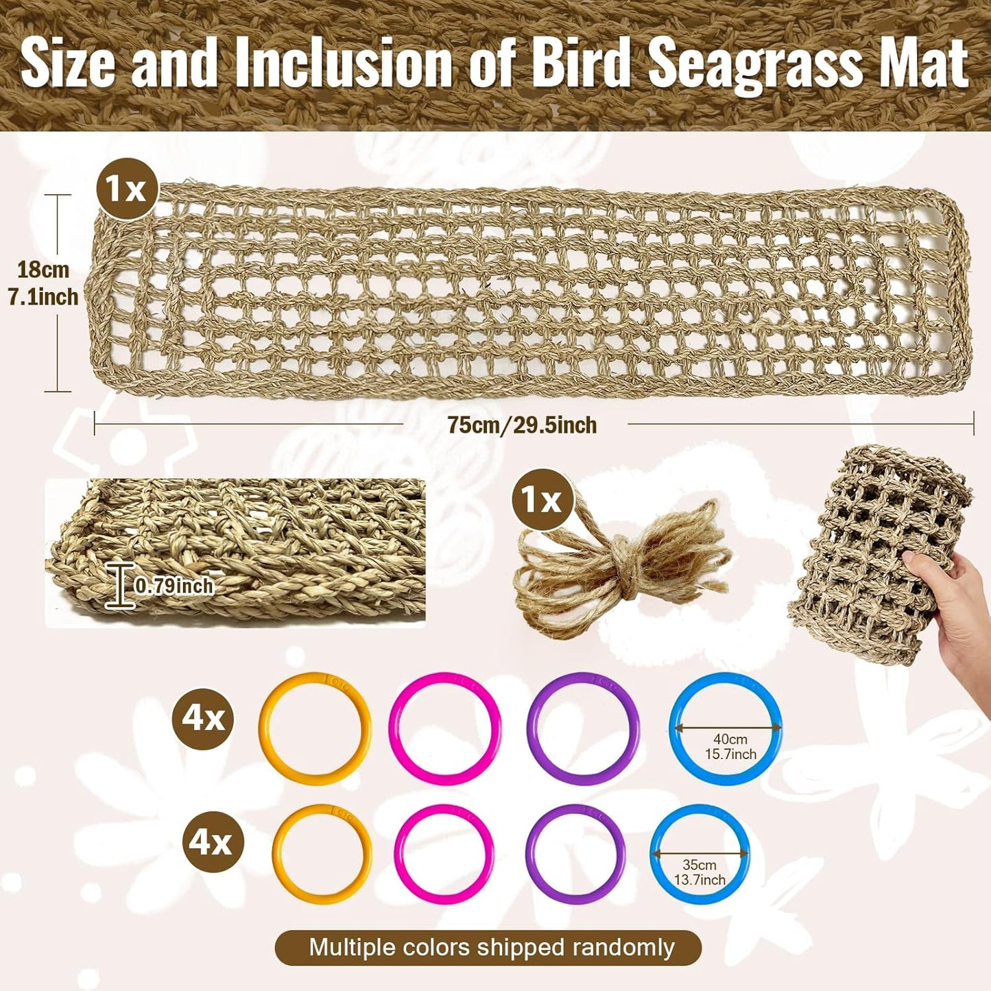 29.5 x 7 inches Large Bird Seagrass Mat Grass Woven Net Parrot Hammock Mat Parakeet Climbing Rope Ladder with Hooks Bird Cage Accessories for Conure Cockatiel Budgie Macaw