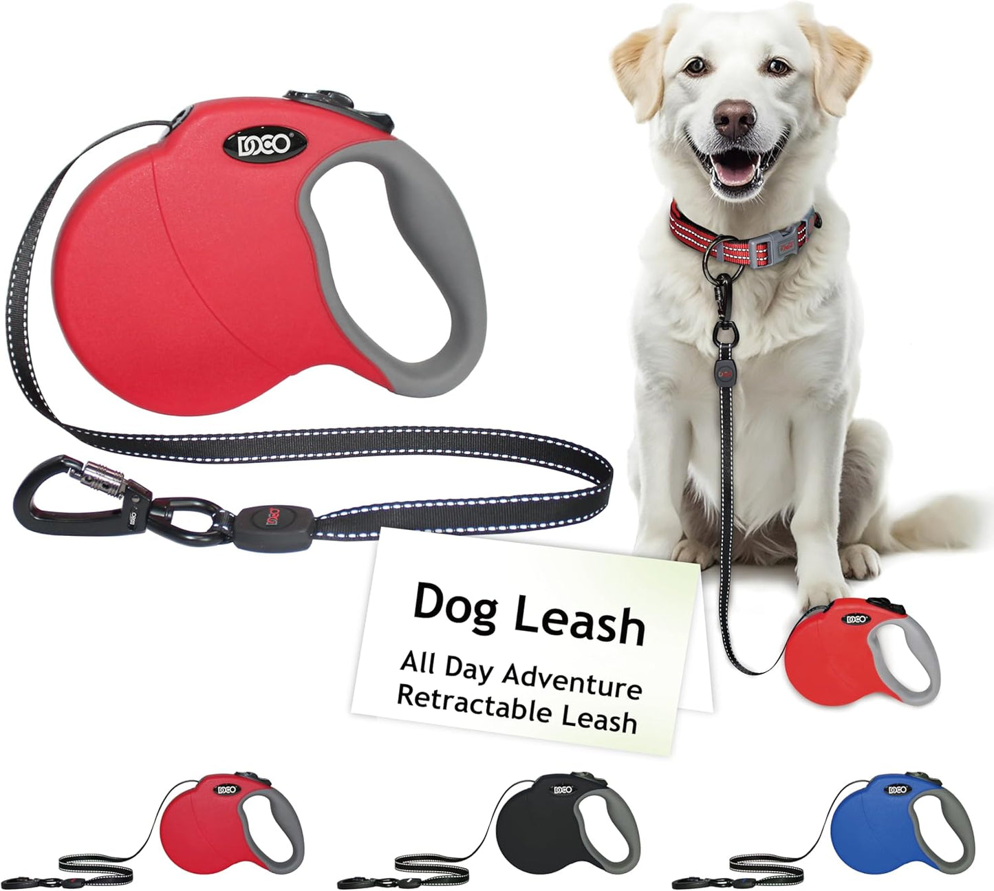 DOCO Retractable Dog Leash for Large Dogs (Length - 16’, Weight - Upto 45lb) Reflective Tape Lead with Stop and Lock Control, Tangle Free 360° Swivel Snap & Anti-Slip Grip (Red, Medium)
