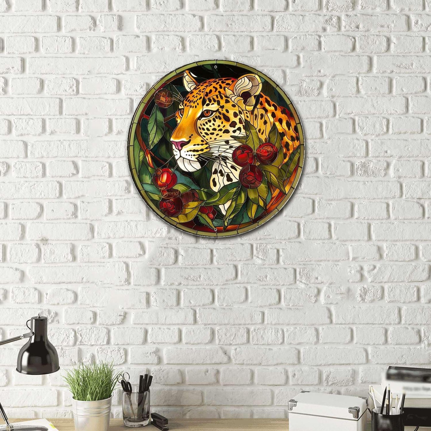 Lygond Metal Sign Tin Sign Circular Stained Glass Leopard Metal Garden Signs For Pet 8×8 Inches
