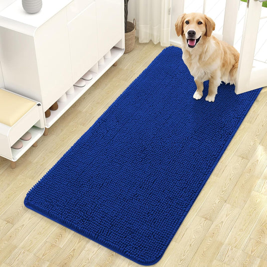 OLANLY Dog Door Mat for Muddy Paws 47x24, Absorbs Moisture and Dirt, Absorbent Non-Slip Washable Doormat, Quick Dry Chenille Mud Mat for Dogs, Entry Indoor Entryway Carpet for Inside Floor, Royal Blue
