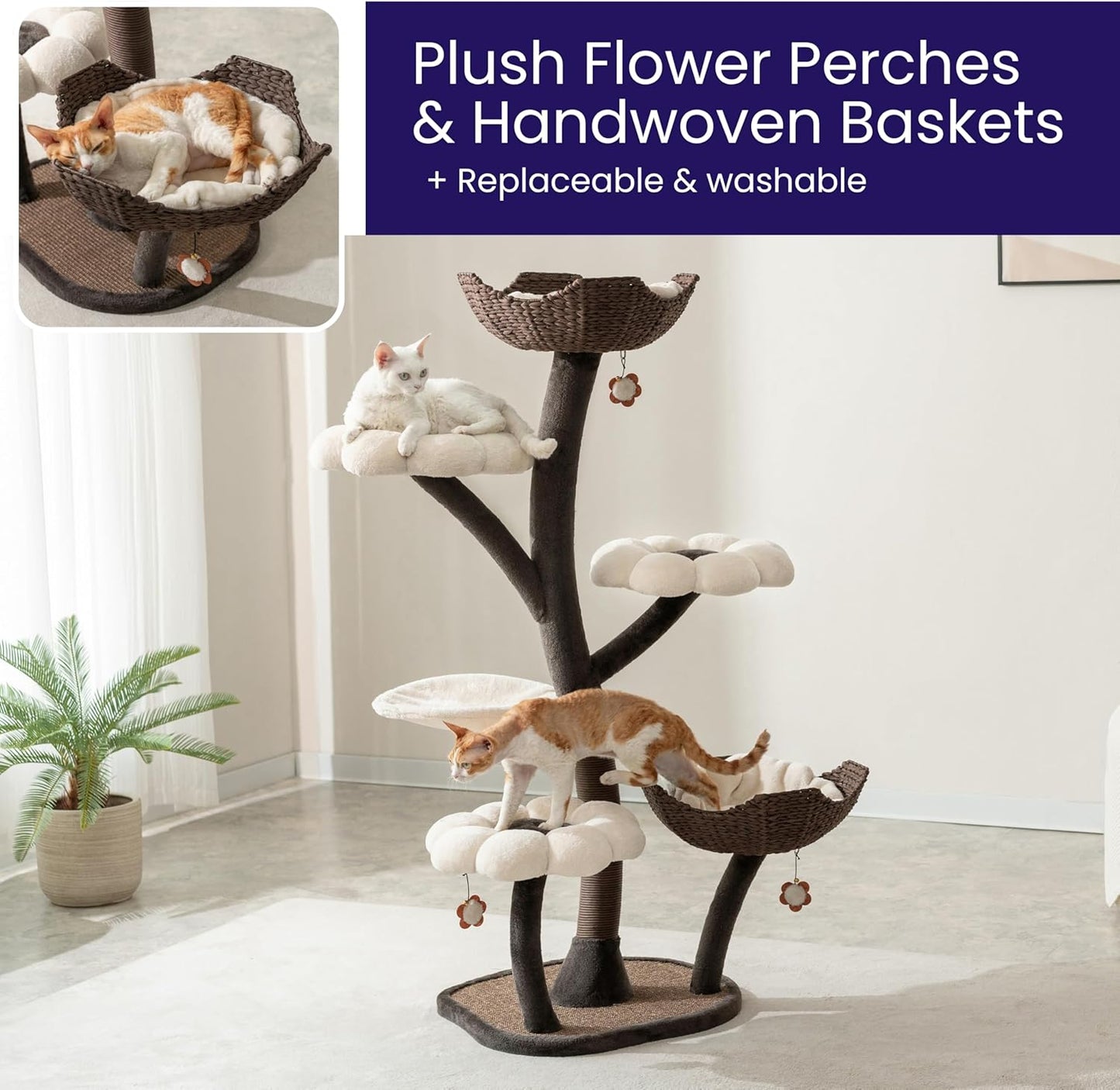 Catry Blossom 59" Flower Cat Tree with Replaceable Flower Perches and Scratching Posts, Handwoven Baskets with Washable Beds, Durable Iron Frame for Large & Multi-Cat Homes