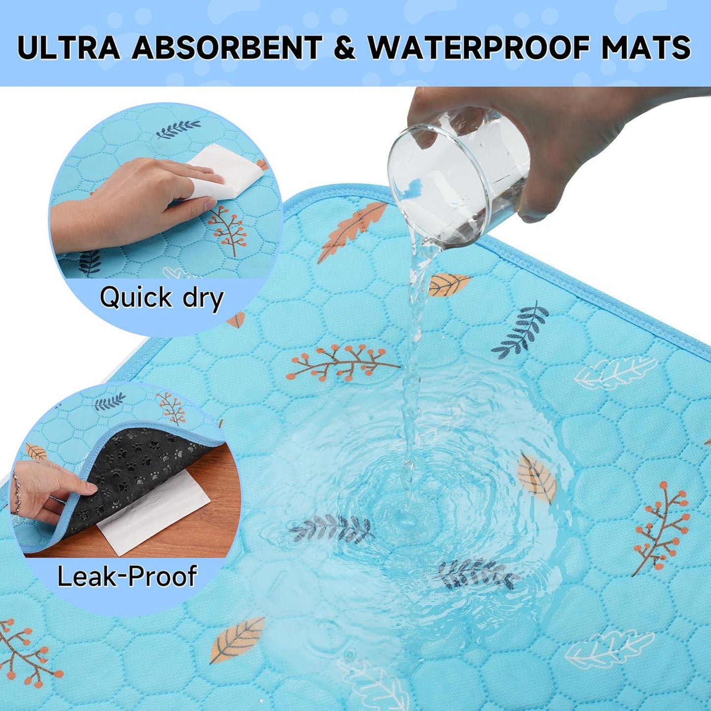 Sunheir Washable Pee Pads for Dogs Large 48" x 48" 2-Pack Reusable Puppy Pads Pet Training Pads, Absorb Dog Mats, Whelping Pad, Non-Slip Protects Against Urine Leakage (Leaves - Sky Blue, 48x48)