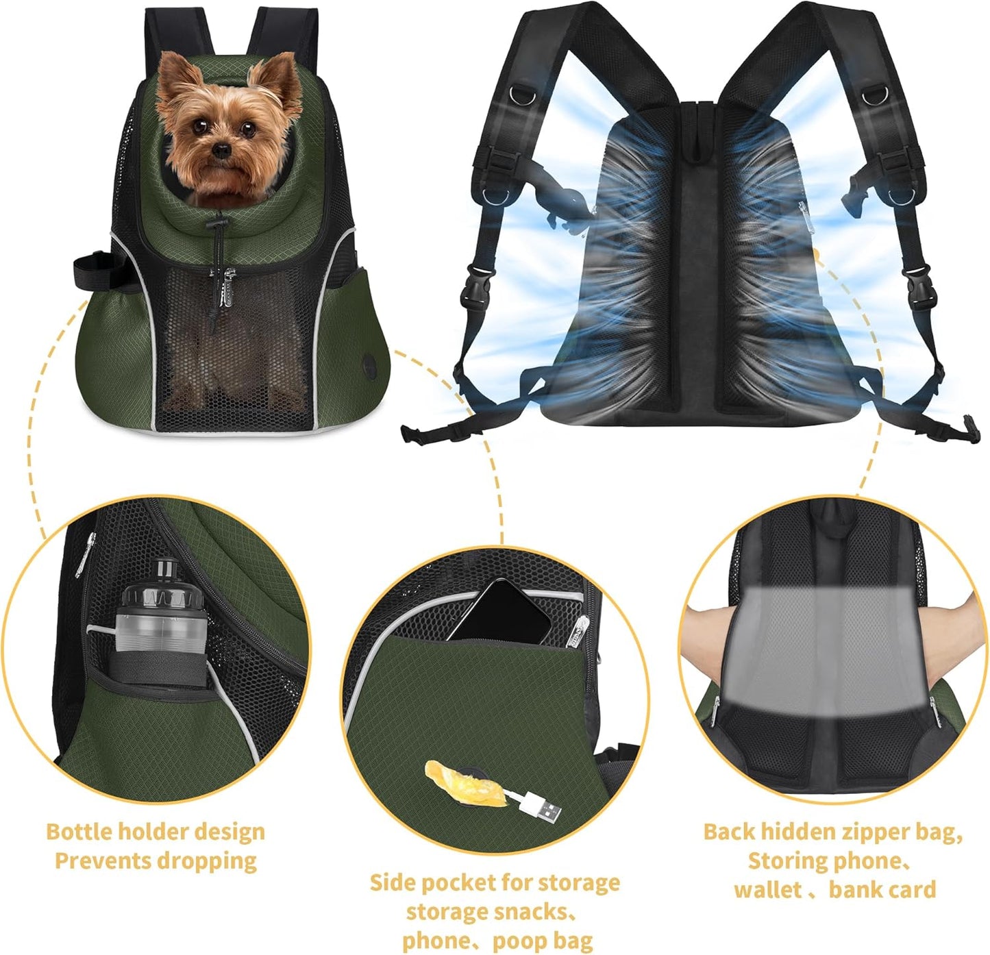 WOYYHO Pet Dog Carrier Backpack Small Dog Front Backpack Ventilated Mesh Dog Travel Back Pack with Safety Belt for Travel Hiking Cycling Outdoor Adventures (Size M: 5-9 lbs, Army Green)