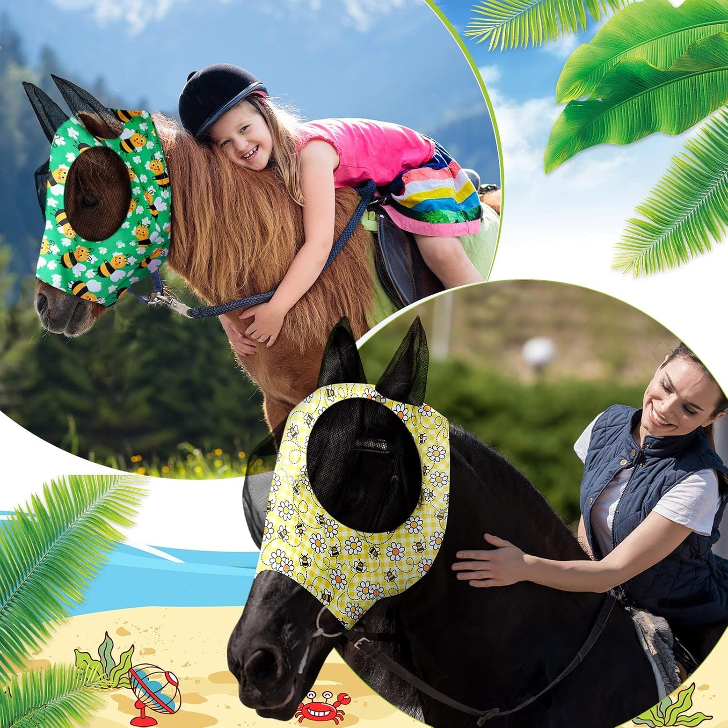 Chunful 6 Pcs Horse Fly Masks for Horses with Ears Smooth and Comfortable Fly Masks Cashel Fly Mask Elasticity Horse Face Mask Horse Masks Covering for Horses Riding Supplies(Large, Floral)