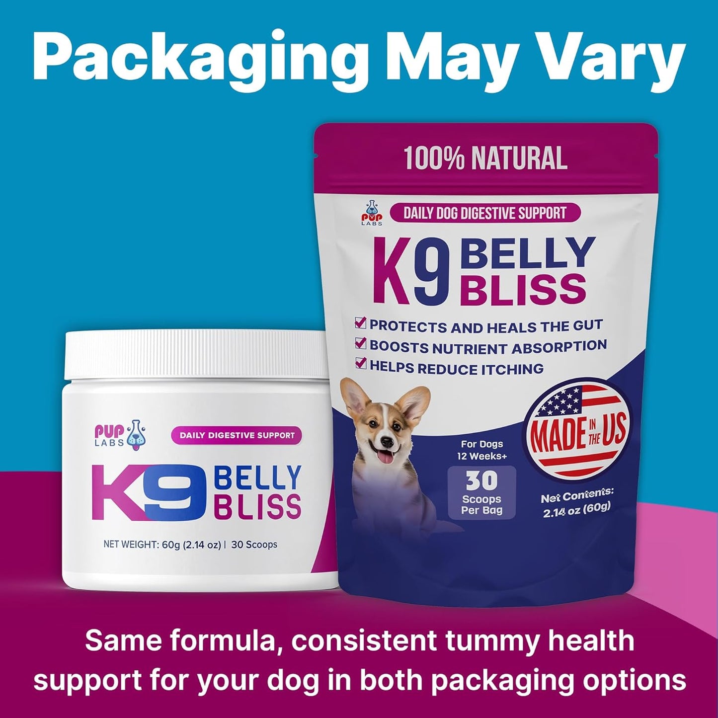 K9 Belly Bliss, All-Natural Gut Health for Dogs, Vet Approved Prebiotic for Dogs for Daily Digestive Support & Dog Constipation Relief, Topper for Dry & Wet Food, 6 Pack with 30 Scoops Each.