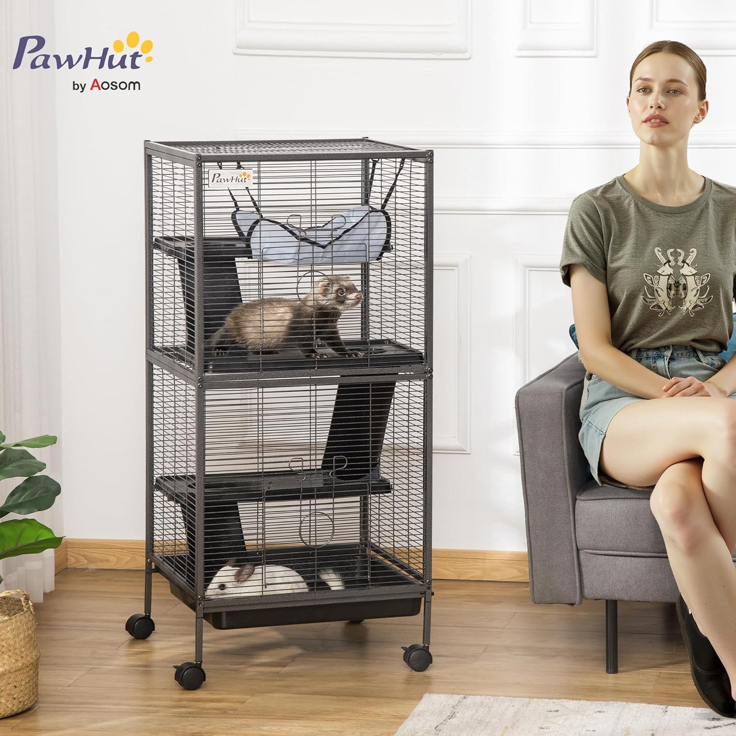 PawHut Metal Small Animal Cage, 4-Tiers Rolling Big Ferret Cage with Hammock, Removable Tray, for Chinchilla, Sugar Glider, Gray