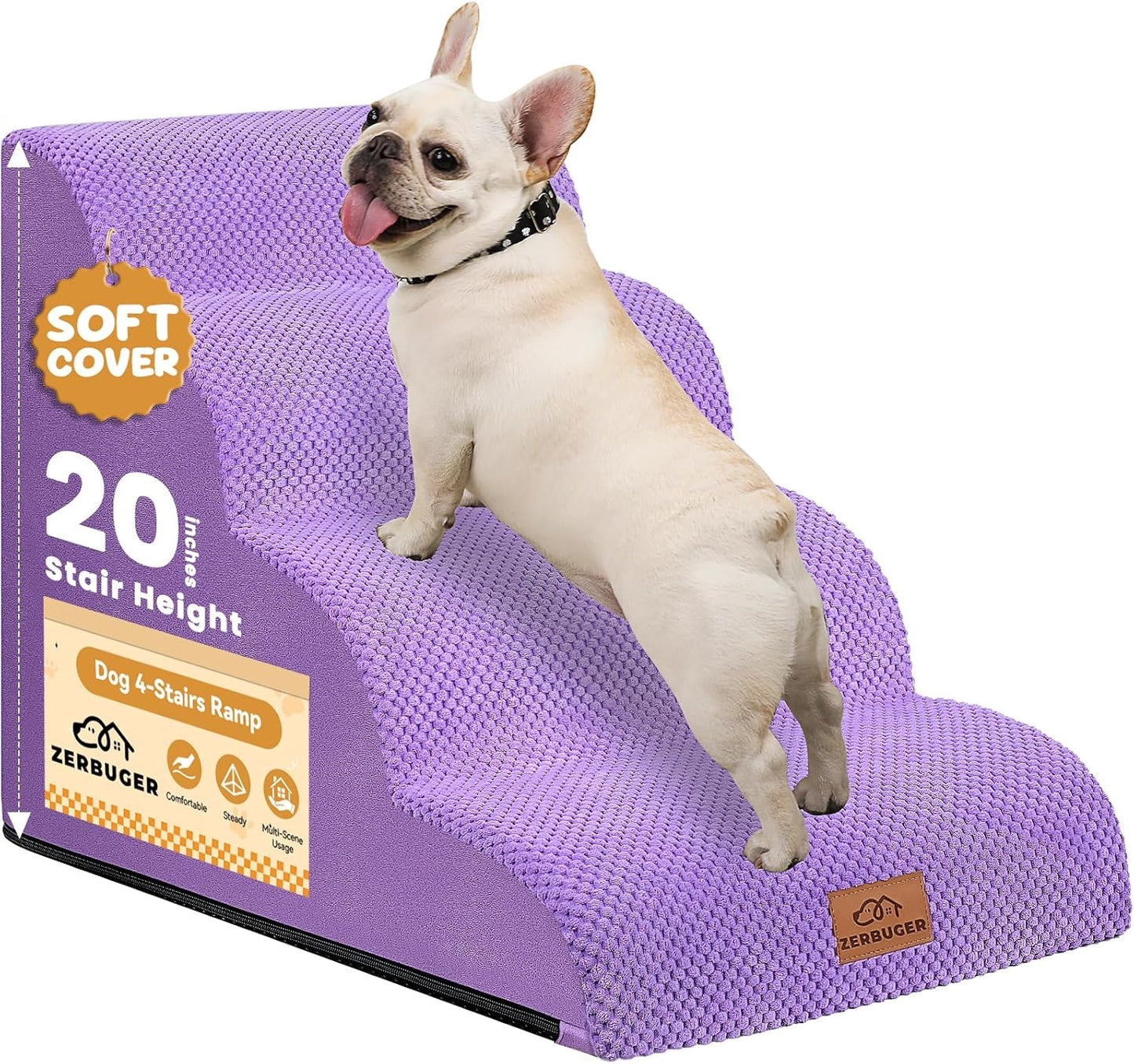 Dog Ramp and Stair for Bed 16" H-20 H,3-Step Cat Stair for Sofa and Chair,4-Step Dog Ramp for High Bed and Window,Durable Nonslip Fabric Cover for Indoor (Purple-20 H, Pet Friendly, 4)