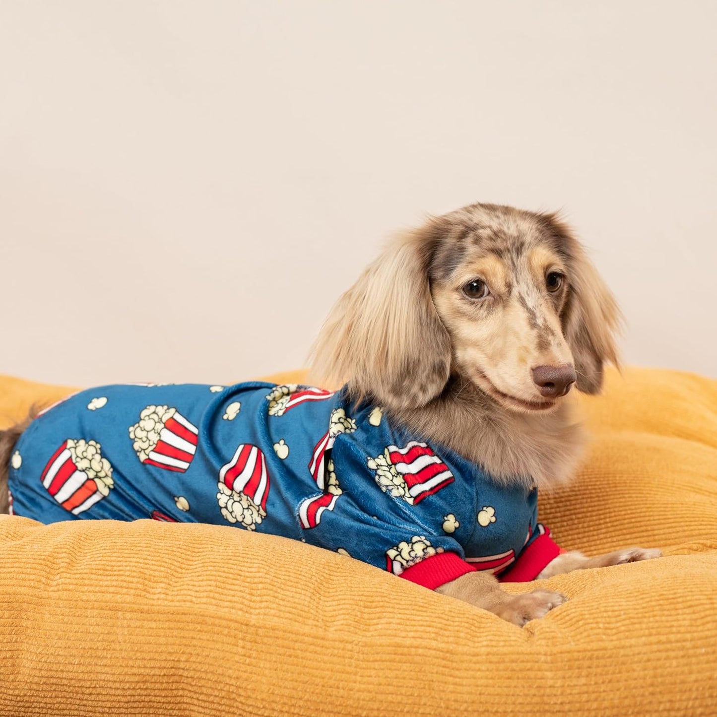 Fitwarm Popcorn Dog Pajamas, Funny Dog Clothes for Small Dogs Boy Girl, Fleece Pet Onesie with Feet, Blue, Red, White, Yellow, XS