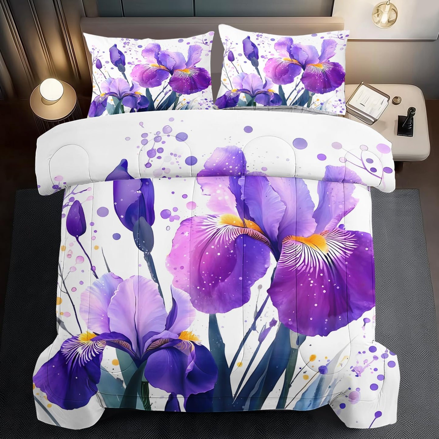 Purple Floral Comforter Set Twin Size Woman,Purple Iris Comforter for Girls,Pink Flower Bedding Set Twin Bedroom Decor,Floral Bedding Quilt Bed Decor Pink for Kids and Adults