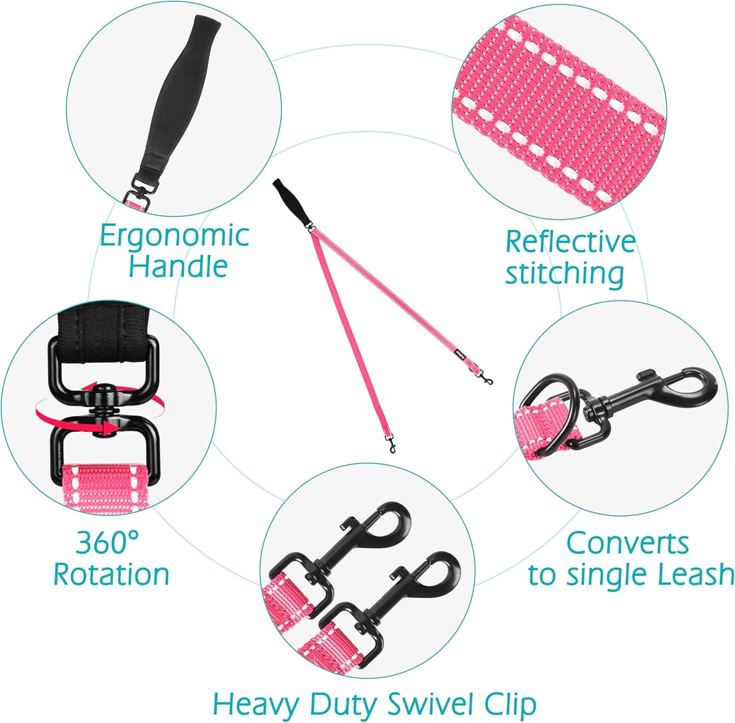 PetBonus Two Point Control Dog Leash, Works with No Pull Harnesses, No Tangle Training Leashes, Soft Padded and Reflective Walking Lead, Converts to Single Lead for Medium Large Dogs (Pink)