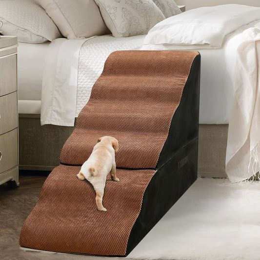 Dog Stair Steps for High Bed, 6-Step Dog Ramps for High Beds Climbing for Doggy/Kitty, Curved Pet Stairs for Small/Old Dogs/Cats, Brown
