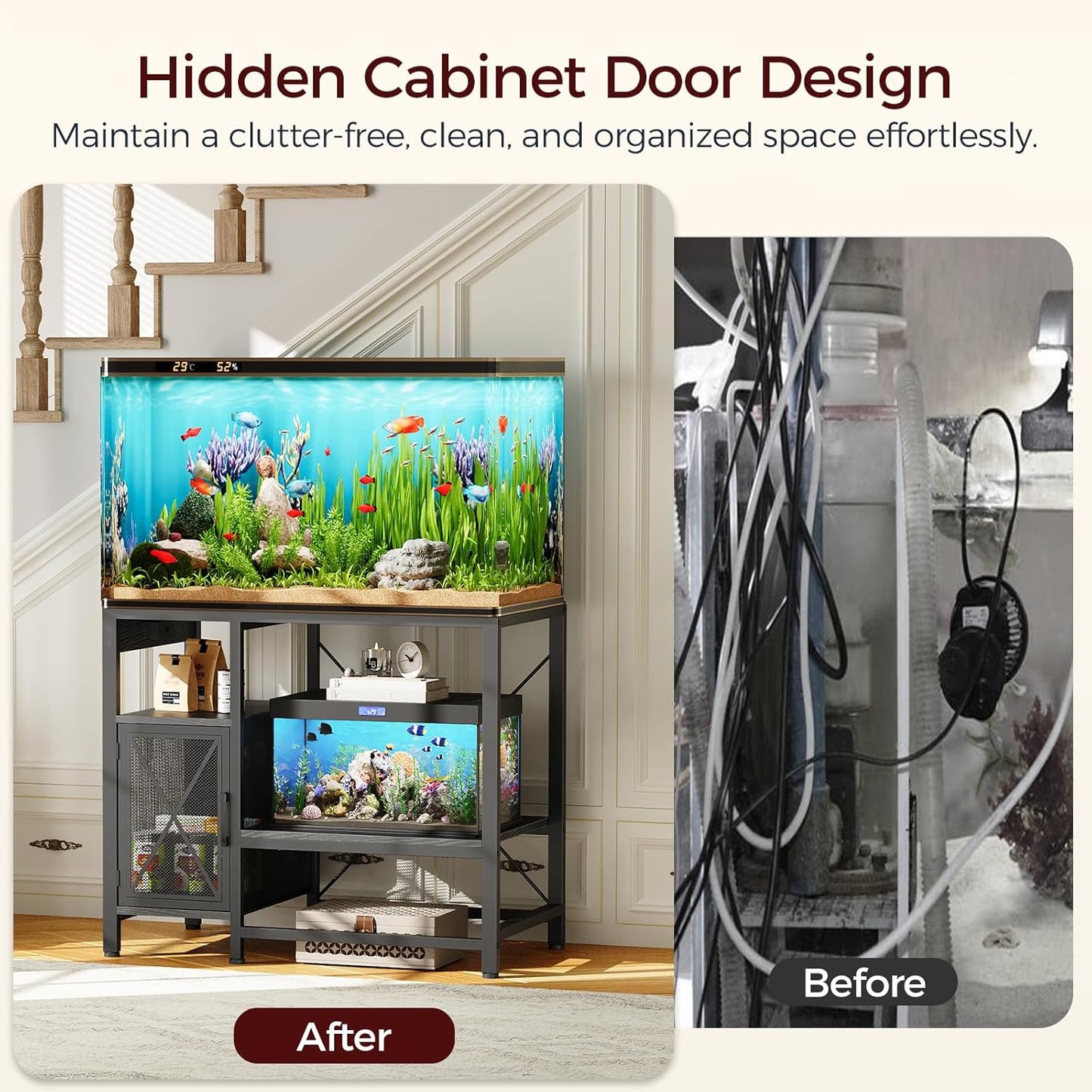 40-50 Gallon Fish Tank Stand, Aquarium Stand with Power Outlet and Storage Cabinet, Heavy Duty Tank Stand Suitable for Turtle Tank, Reptile Terrarium, for Home Office, Black FTBK50E01