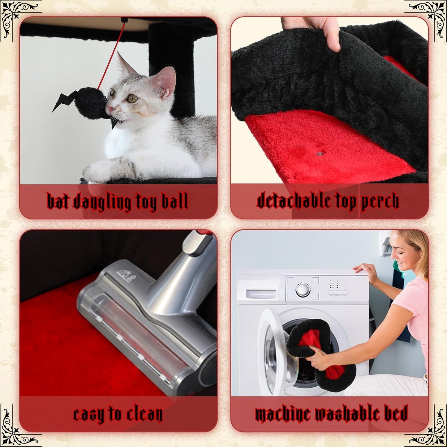 PETEPELA 56.3" Gothic Cat Tree for Indoor Cats, Tall Cat Tower with Super Large Hammock (20"X16"), Sisal Covered Scratching Posts, Cozy Condo and Top Perch Black