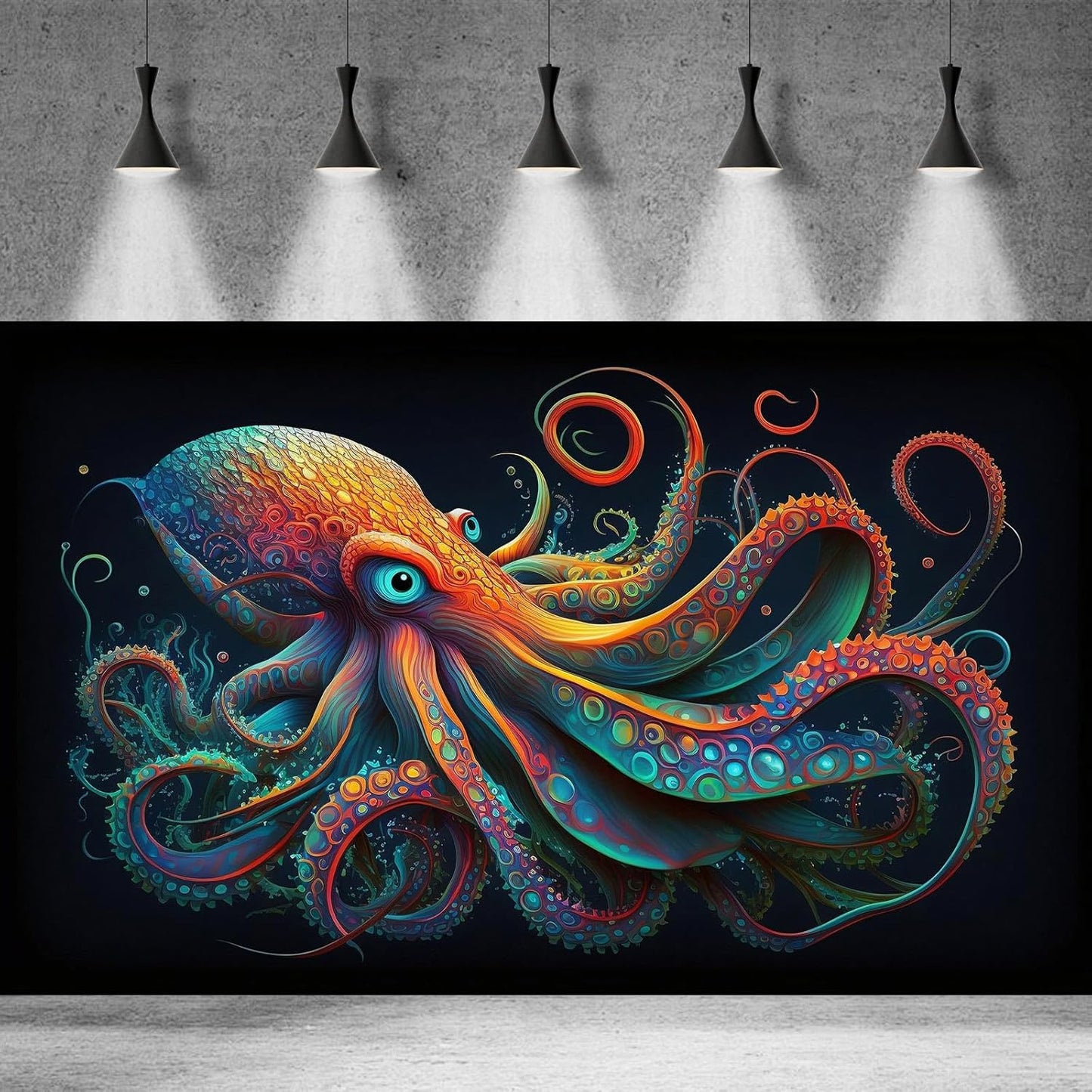 Octopus Aquarium Background Abstract Colorful Octopus Terrarium Background Glowing Octopus on Black Background Fish Tank Backdrop Poster Wallpaper Decorations Vinyl 36x18in