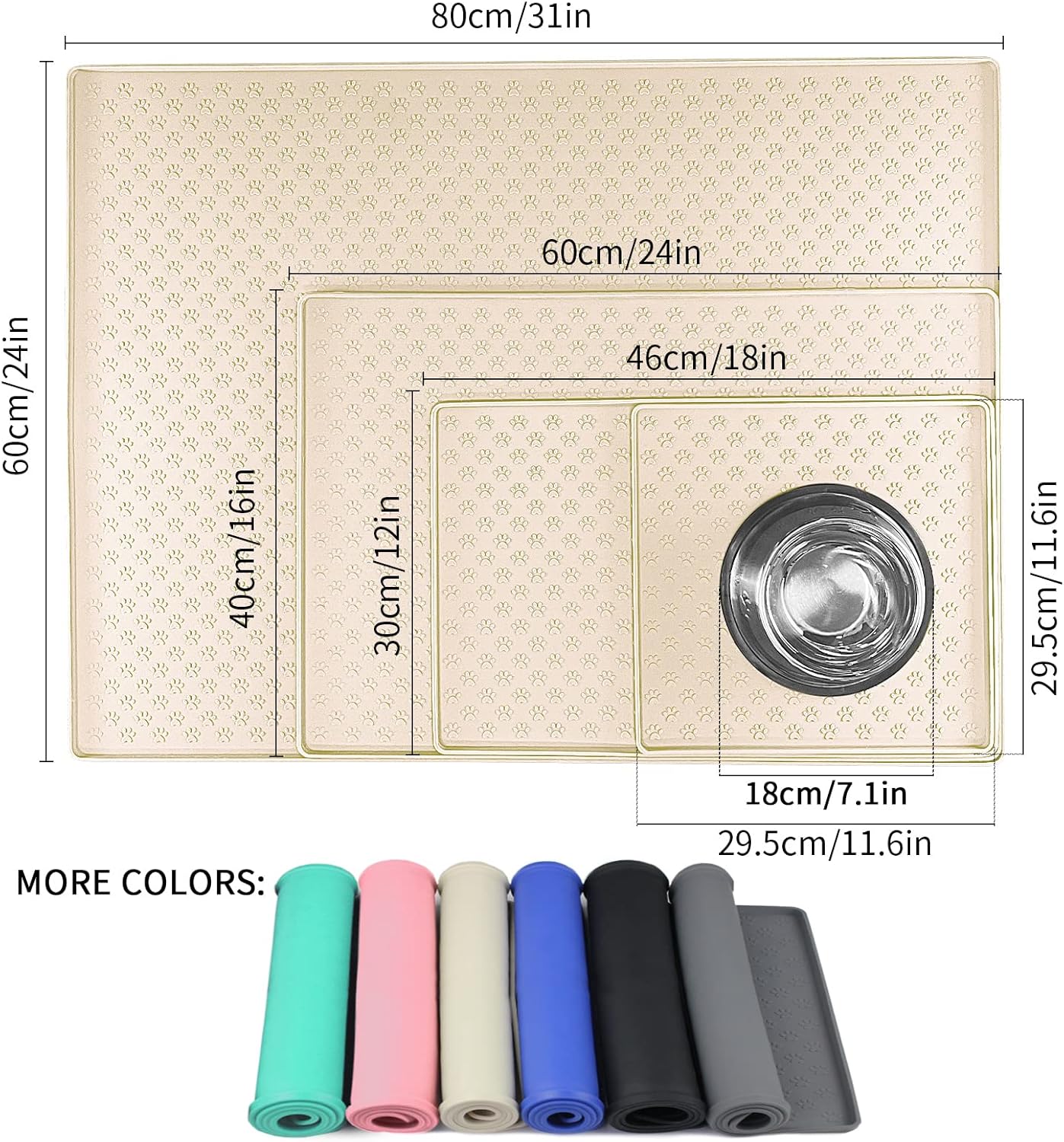 Ptlom Silicone Pet Placemat for Dog and Cat, Waterproof Anti-Slip Pet Feeding Bowl Mats for Food and Water, Small Medium Large Tray Mat Prevent Residues from Spilling to Floor, Beige, 31.5" 23.6"