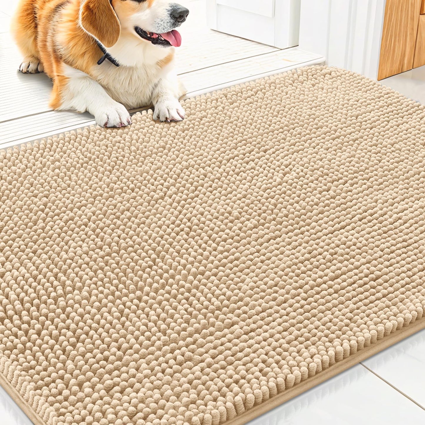 Smiry Dog Door Mat for Muddy Paws 30x20, Absorbs Moisture and Dirt Doormat, Non-Slip Washable Quick Dry Chenille Front Door Mat Indoor Entrance, Entryway Carpet for Inside Floor, Beige