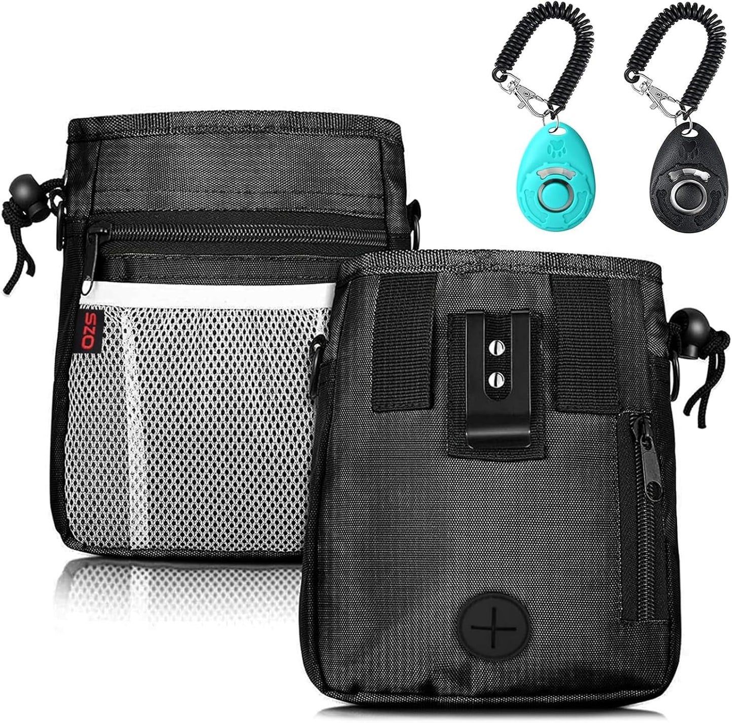 Dog Treat Pouch - 3 Ways to Wear Treat Pouches for Pet Training and 2 Pieces Clicker Taining for Dogs, Dog Training Treat Pouch Bag and Dog Clicker for Training with Waist Belt Shoulder Strap - Black