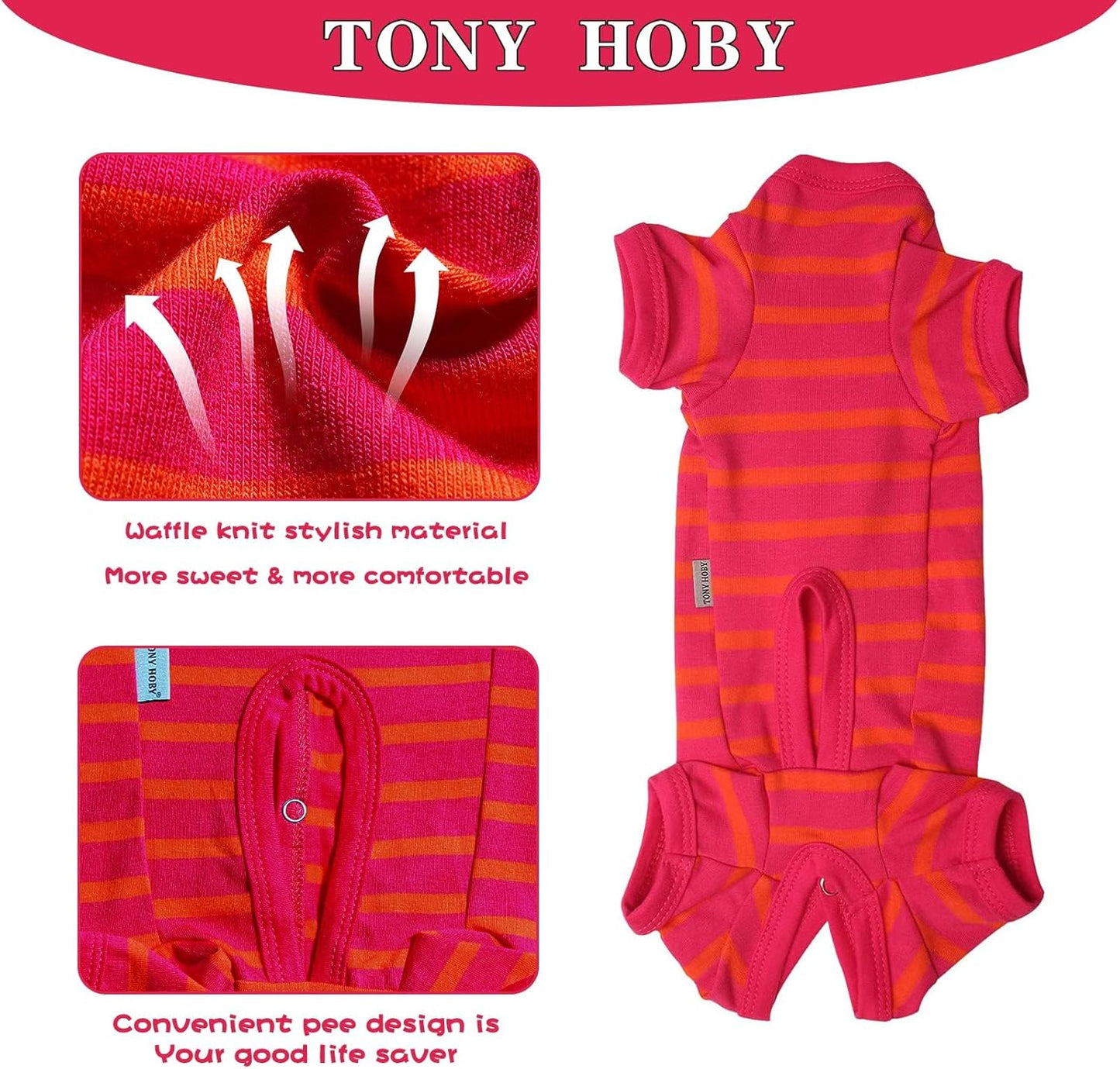 TONY HOBY Female/Male Dog Pajamas, Dog Jumpsuit 4 Legged Pajamas with Stripes, Soft Cotton for Comfortable Sleep (Rose Red&Orange, Boy, XS)