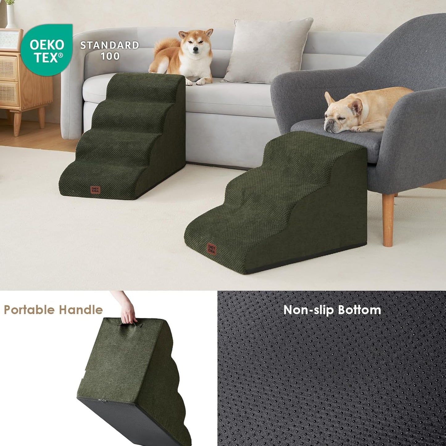 EHEYCIGA Curved Dog Stairs Ramp for Small Dogs 15.7" H, 3-Step Dog Steps for Couch Sofa and Chair, Pet Stairs for Cats, Non-Slip Balanced Pet Steps Indoor, Olive Green