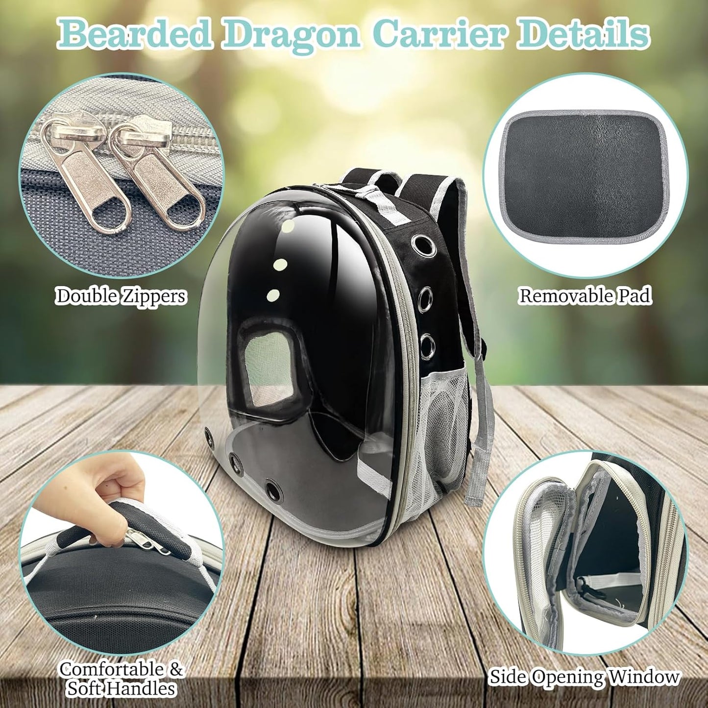 PINVNBY Bearded Dragon Carrier Backpack with Harness and Leash Set Large Reptile Travel Carrier Portable Lizard Backpack Clear Bubble Window Small Animal Carrying Bag for Gecko Kitten Rabbit (Black)