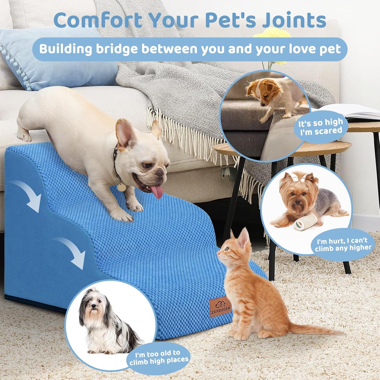 Dog Ramp and Stair for Bed 16" H-20 H,3-Step Cat Stair for Sofa and Chair,4-Step Dog Ramp for High Bed and Window,Durable Nonslip Fabric Cover for Indoor (Blue-16“H, Pet Friendly, 3)