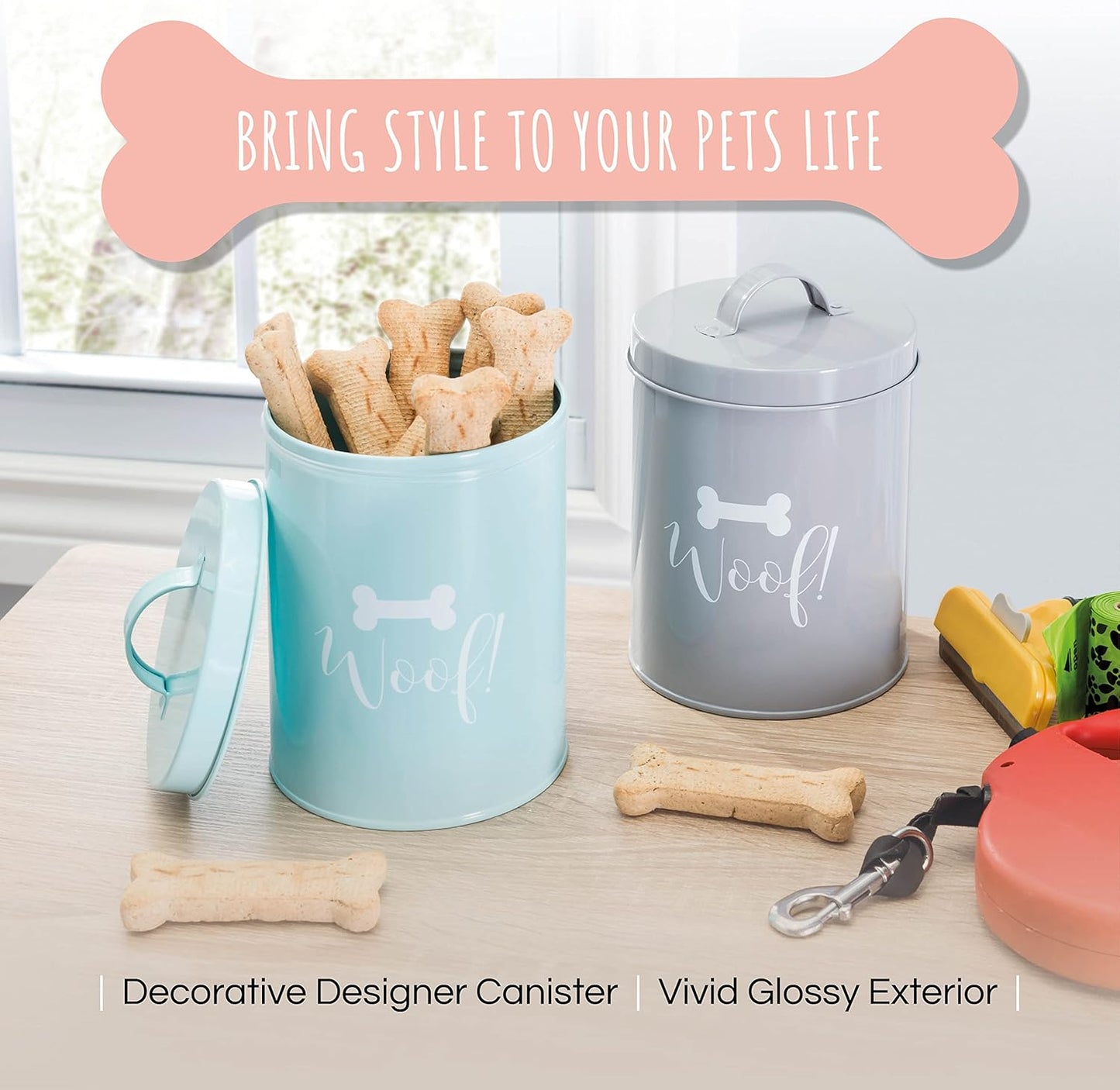 Park Life Designs - Metal Pet Treat Jar with Airtight Lid for Dogs, Cats, Puppies and More, Chic Kitchen Countertop Container for Cookies, Biscuits and Treats (Gourmet Biscuits, Grey, 1.4 Qt)