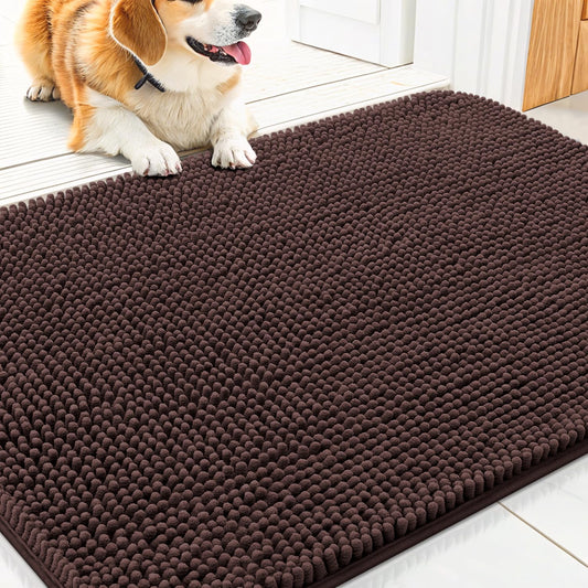 Smiry Dog Door Mat for Muddy Paws 30x20, Absorbs Moisture and Dirt Doormat, Non-Slip Washable Quick Dry Chenille Front Door Mat Indoor Entrance, Entryway Carpet for Inside Floor, Brown