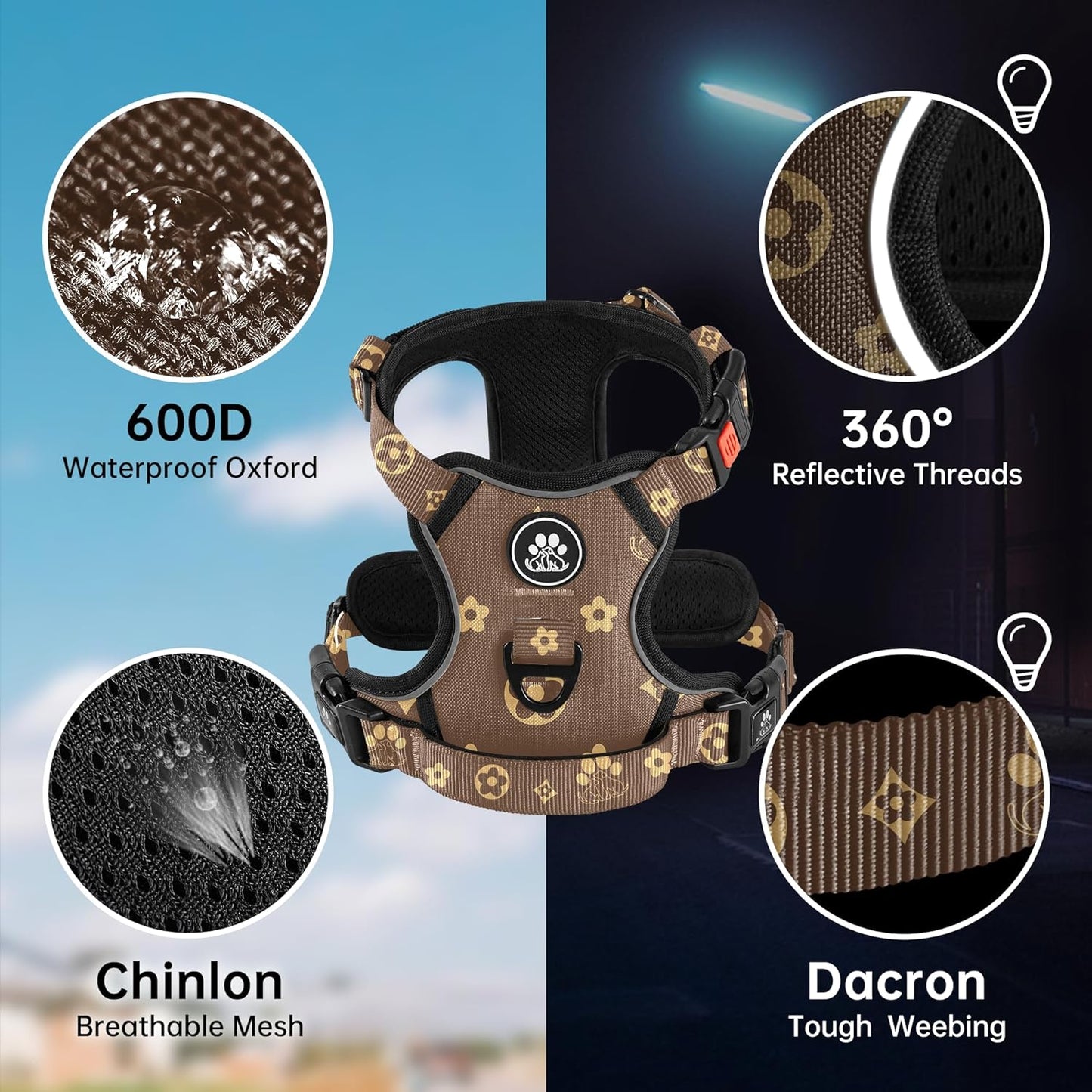 NESTROAD No Pull Dog Harness,Adjustable Oxford Dog Vest Harness with Leash,Reflective No-Choke Pet Harness with Easy Control Soft Handle for Medium Dogs(Medium,Dark Brown)