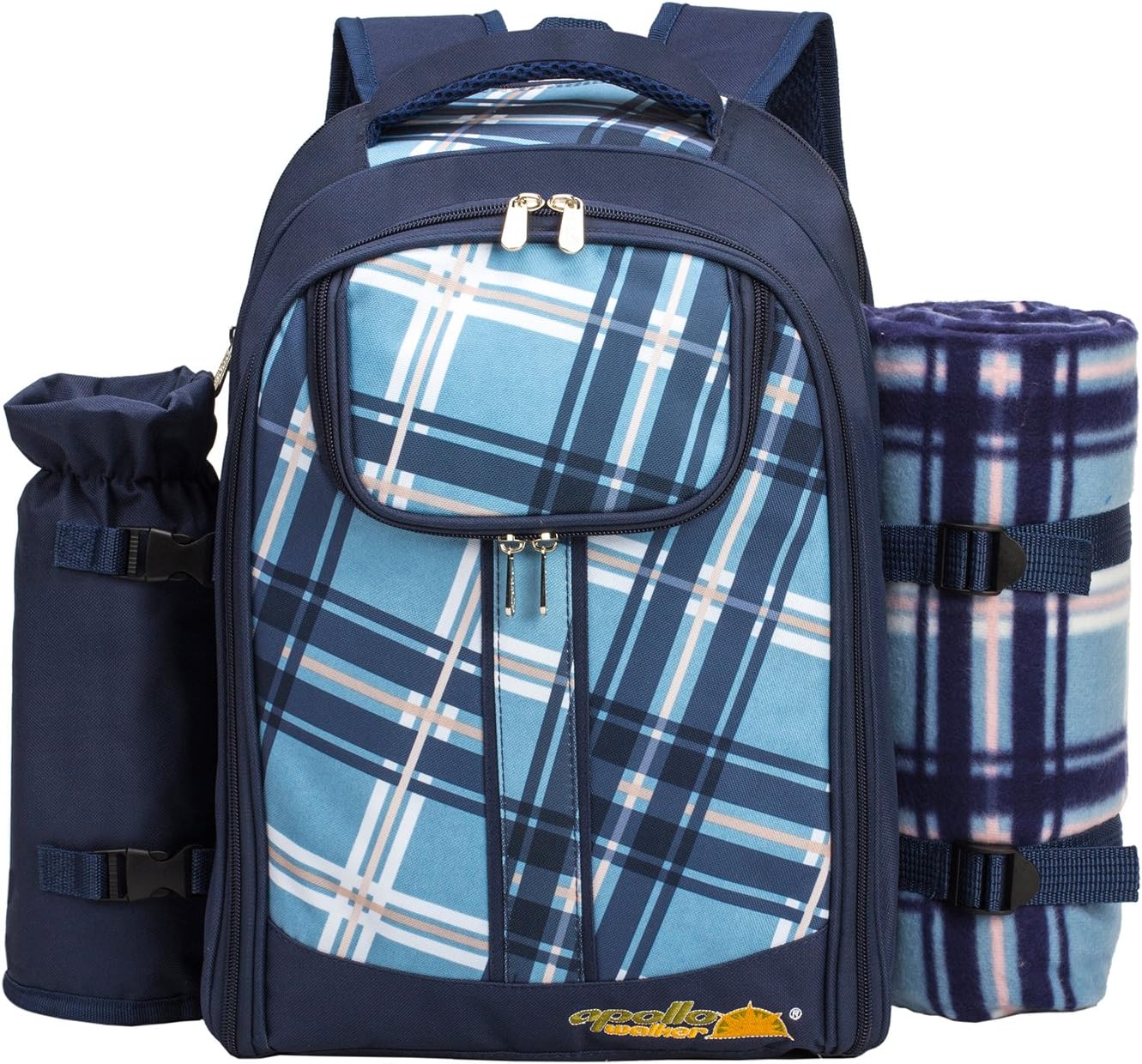 Apollo walker Picnic Backpack Set for 4 with Cooler Compartment,Detachable Bottle/Wine Holder Including Large Picnic Blanket(45"x 53") for Picnic Family and Lovers Gifts,Outdoor,BBQ Time (Blue)