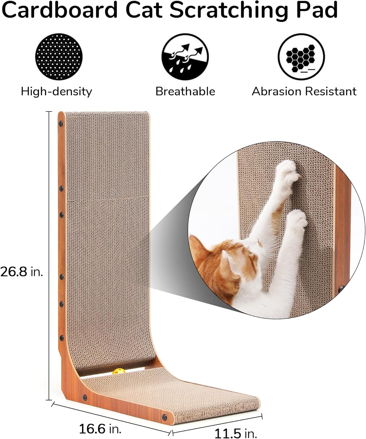 FUKUMARU Cat Scratcher, 26.8 Inch Cat Scratch Pad for Indoor Cats, L Shaped Cardboard Vertical Cats Scratching Board with Ball Toy, Walnut Color, 1 Pack