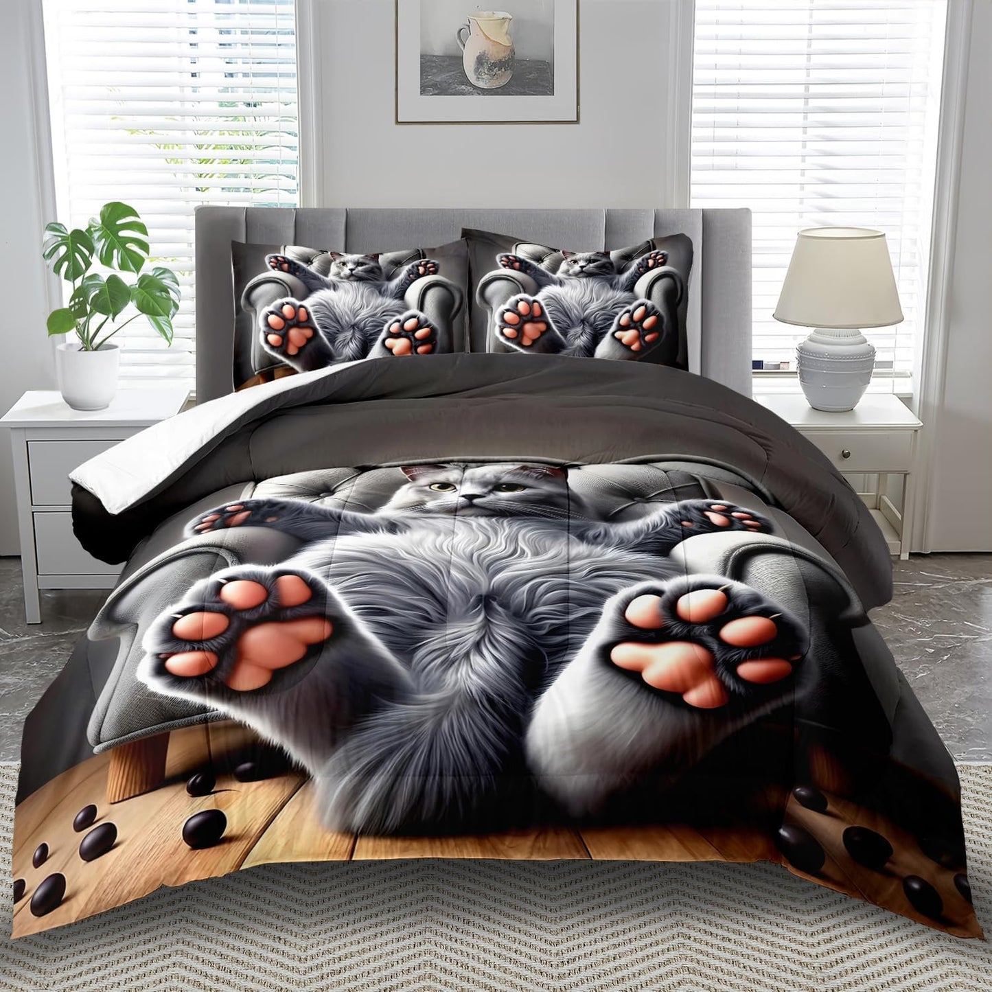 Cute Cat Comforter Set Full,Grey Kawaii Cat Bedding Set Adult,Cute Animal Comforter for Boy,American Shorthair Bedding Grey,Kawaii Animal Print Quilt Bedroom Decor Kids