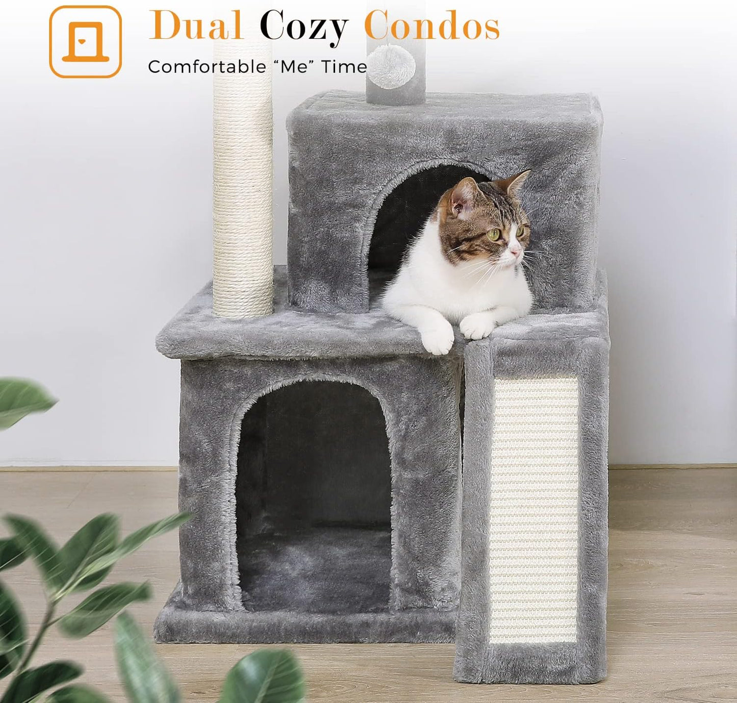 PAWZ Road 34 Inches Cat Tree Multilevel Cat Tower with Double Condos, Spacious Perch, Fully Wrapped Scratching Sisal Post and Replaceable Dangling Balls Gray