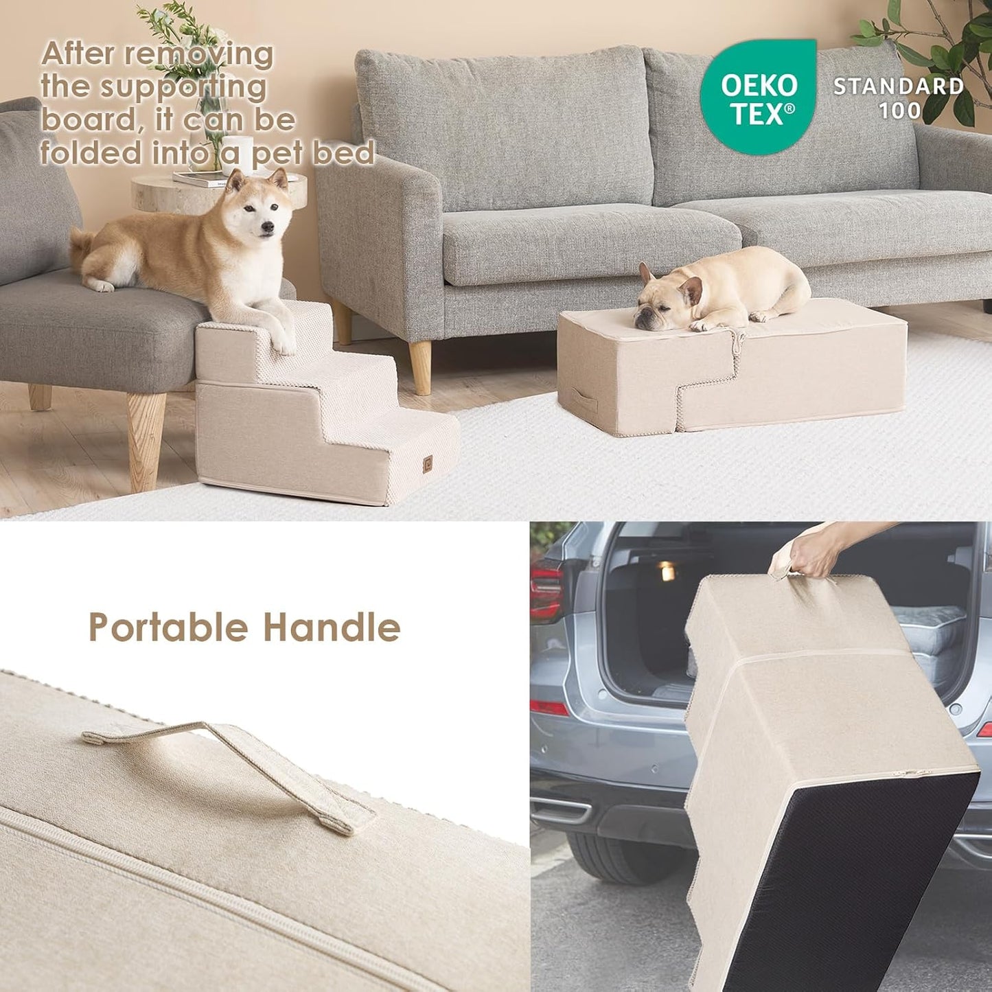 EHEYCIGA Dog Stairs for Bed 18" H, 4-Step Dog Steps for High Bed, Pet Steps for Small Dogs and Cats, Non-Slip Balanced Pet Ramp Indoor, Beige