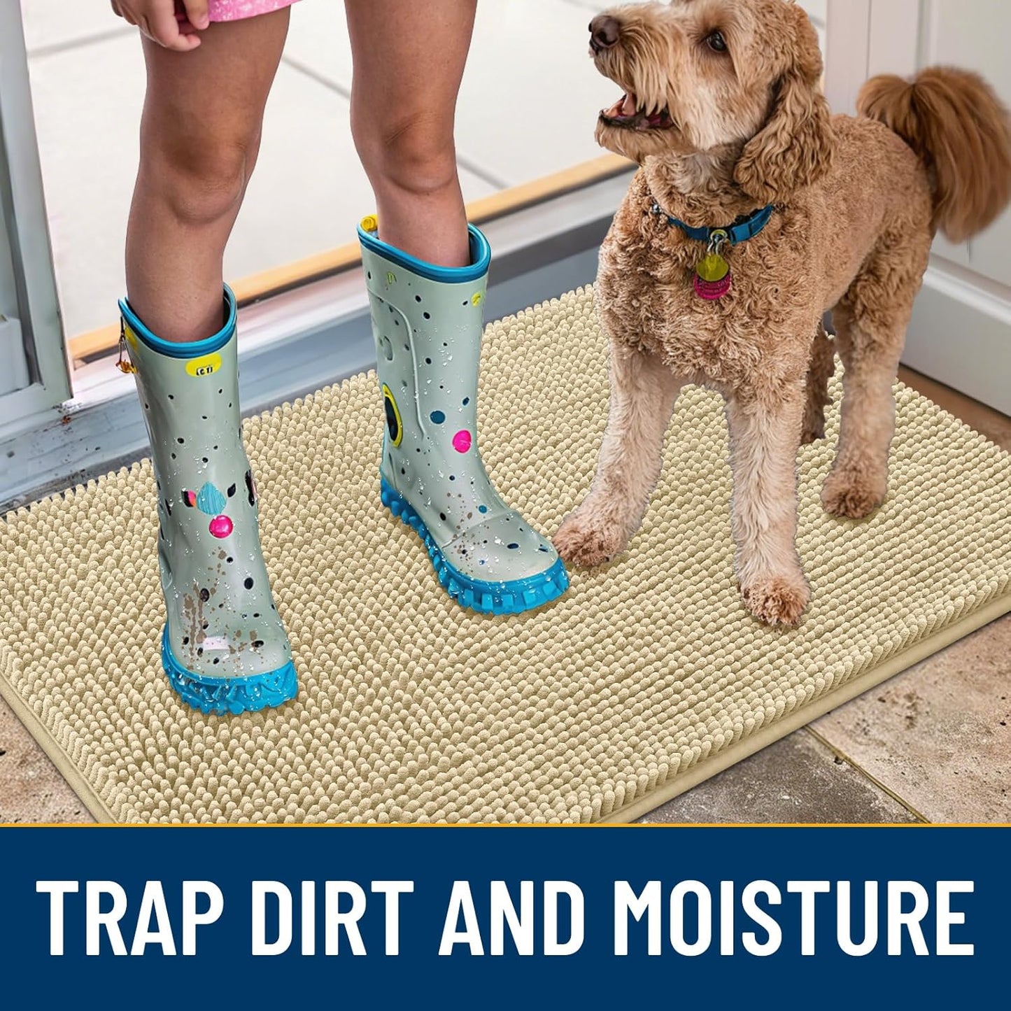 Smiry Dog Door Mat for Muddy Paws 24x16, Absorbs Moisture and Dirt Doormat, Non-Slip Washable Quick Dry Chenille Front Door Mat Indoor Entrance, Entryway Carpet for Inside Floor, Cream White