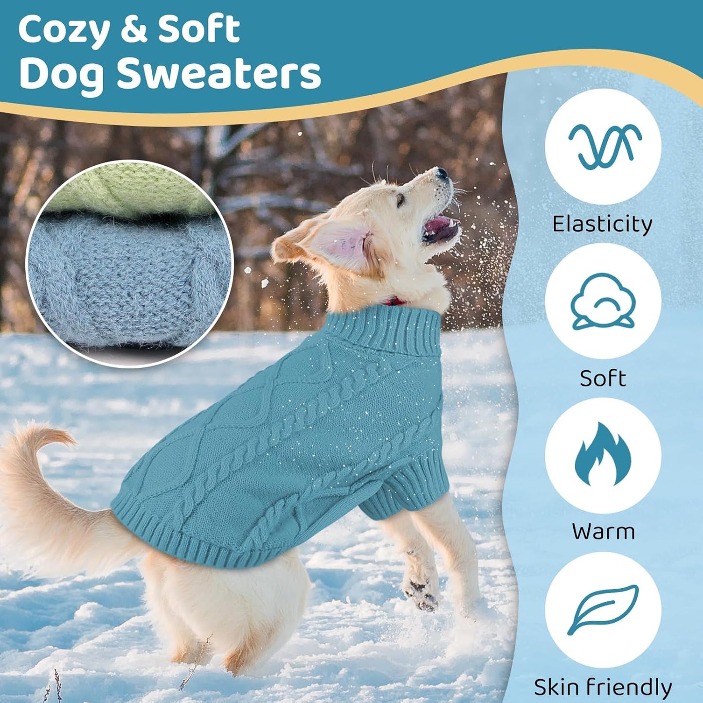 Queenmore Small Dog Pullover Sweater, Cold Weather Cable Knitwear, Classic Turtleneck Thick Warm Clothes for Chihuahua, Bulldog, Dachshund, Pug (Peacock Blue, Medium)