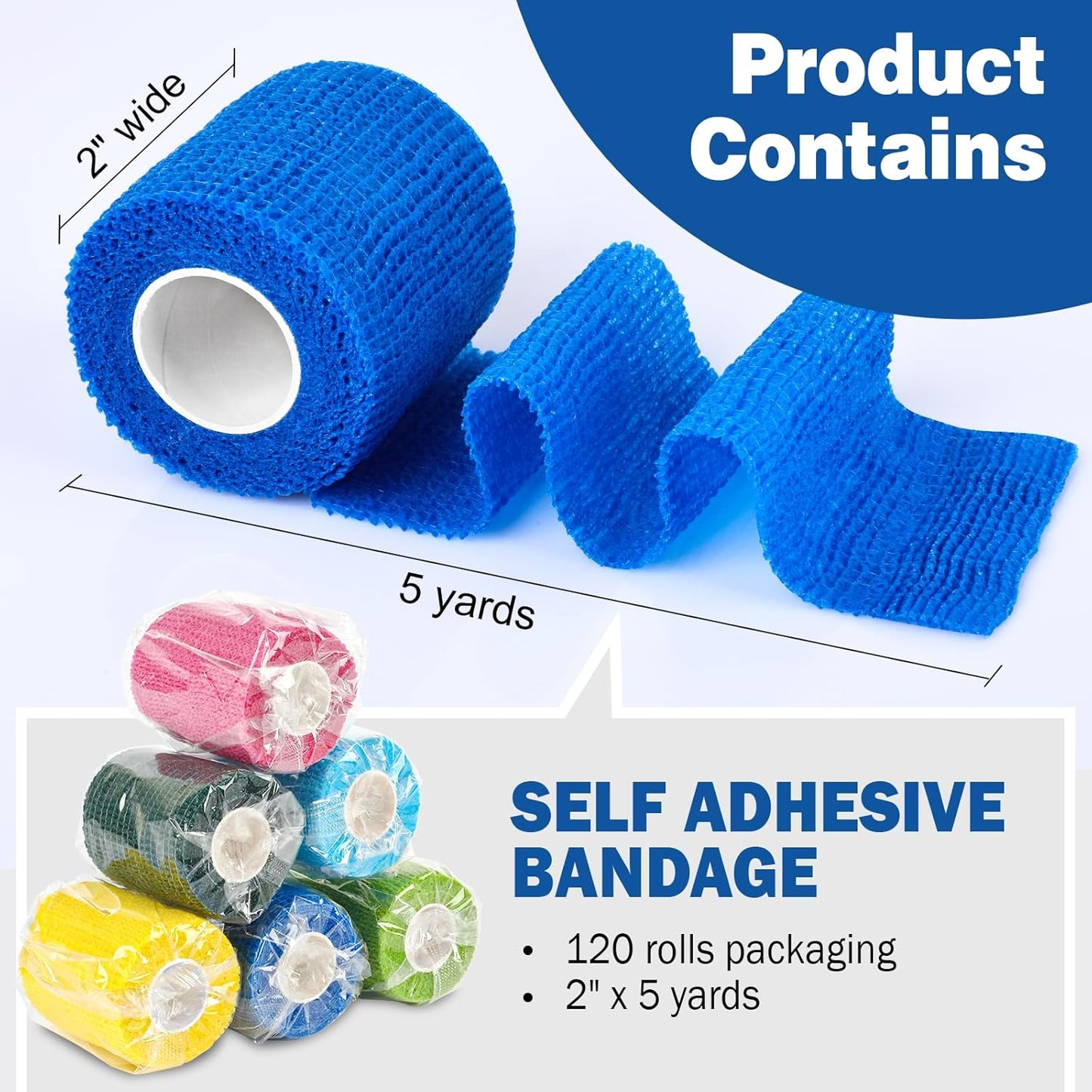 AZEN 120 Pack Self Adhesive Bandage Wrap, 2" X 5 Yards Elastic Cohesive Bandage Wrap, Color Athletic Tape, Vet Wrap, Ankle Tape