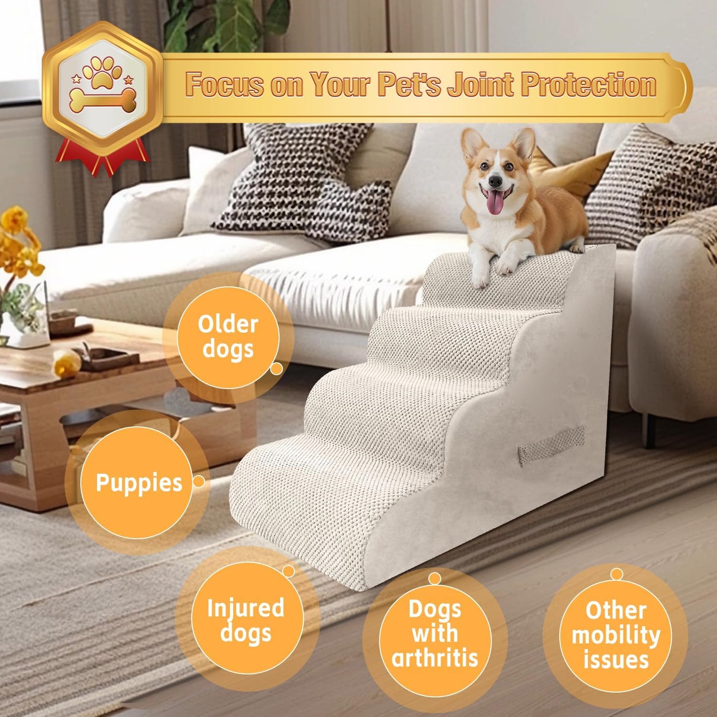 PAWSCART Dog Stairs for Small Dogs and Cats, 4-Step Dog Steps for Bed, 19.6" H Pet Stairs for High Bed, Pet Ramp for Couch, Sofa, Non-Slip Surface Removable Washable Cover, Beige