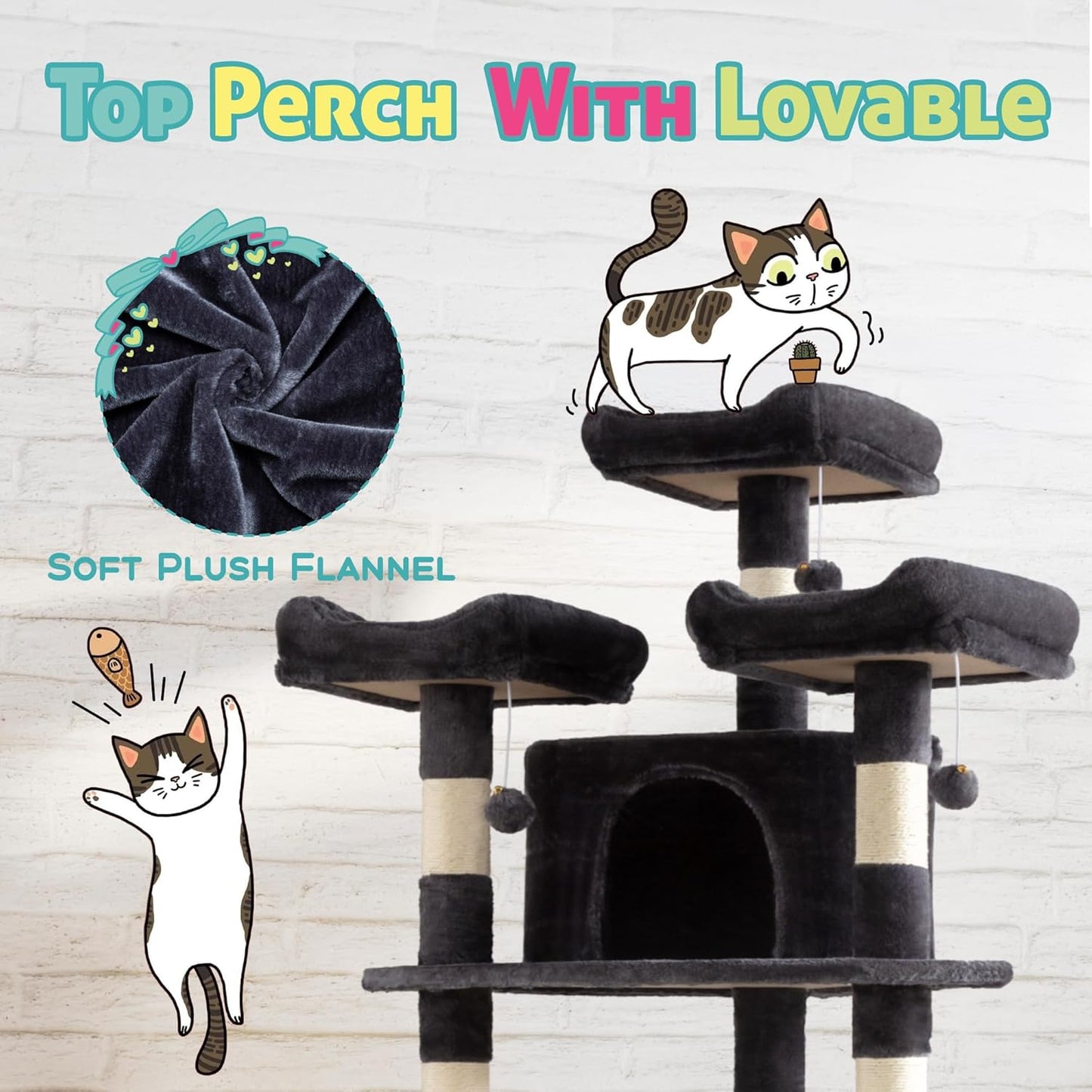 SHA CERLIN 73in Fan-Shaped Corner Cat Tower for Save Space/Multi-Level Tall Cat Tree for Indoor Kitties/Condo with Baskets/Cozy Perches/Sisal Scratching Posts/Pet Activity House/Dark Grey